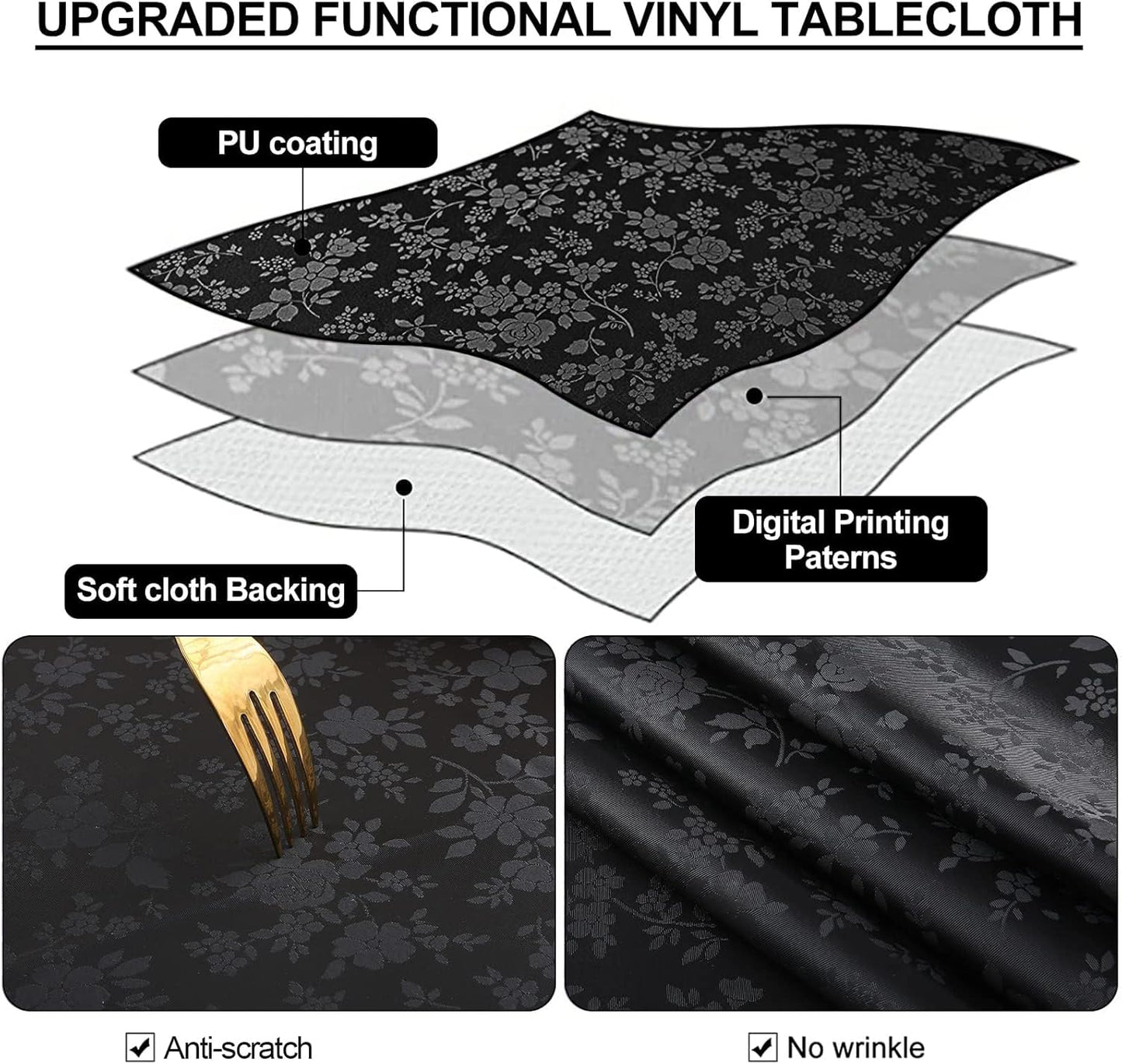 Smiry Rectangle Table Cloth, Waterproof Heavy Duty Vinyl Tablecloths, Wipeable Washable Table Cover for Kitchen and Dining Room (Black, 54" X 108")
