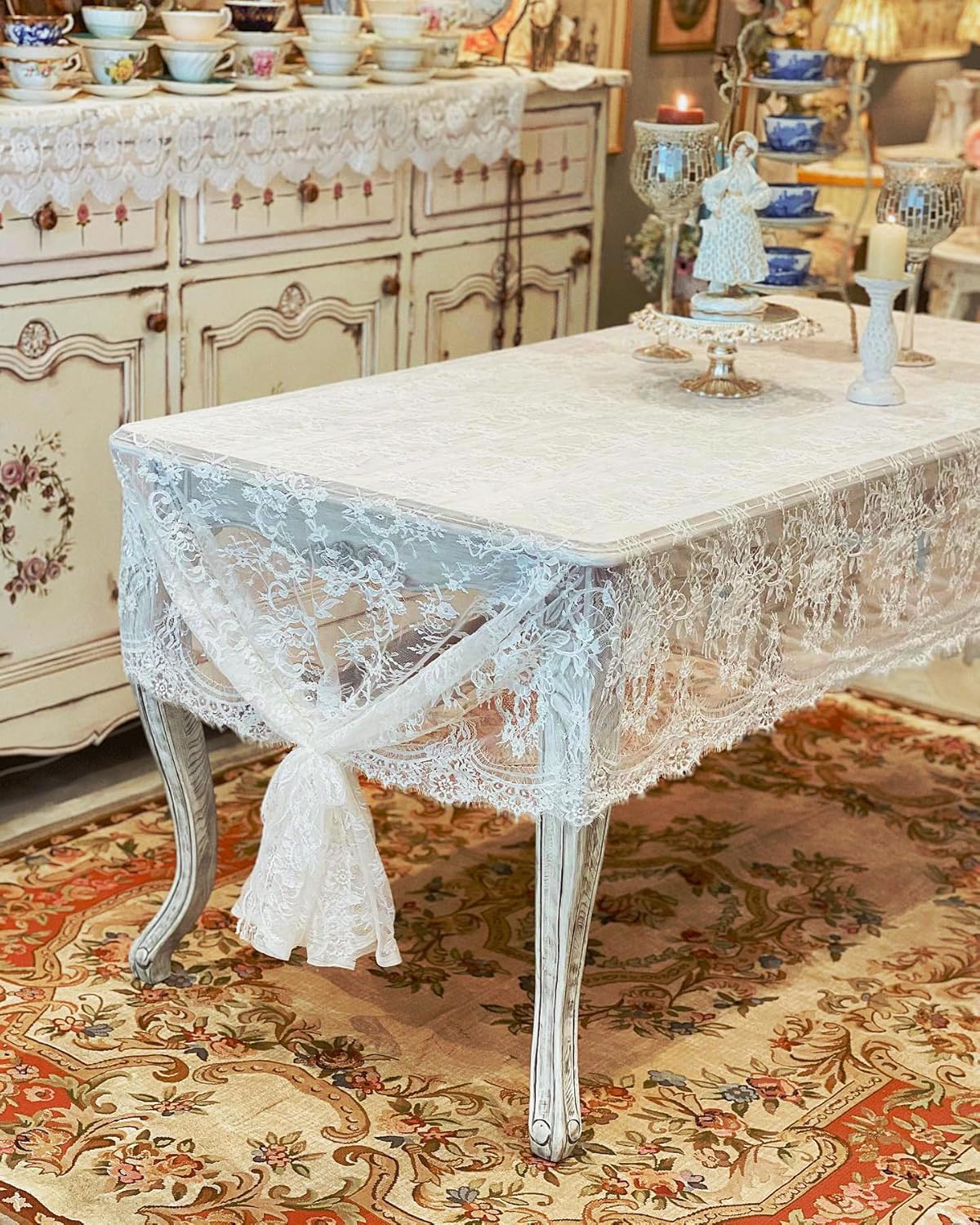 LuoluoHouse Rustic Ivory Wedding Tablecloths Lace Chic Rectangular Tablecloths for Wedding Reception Farmhouse Table Decorations 60x120 inch