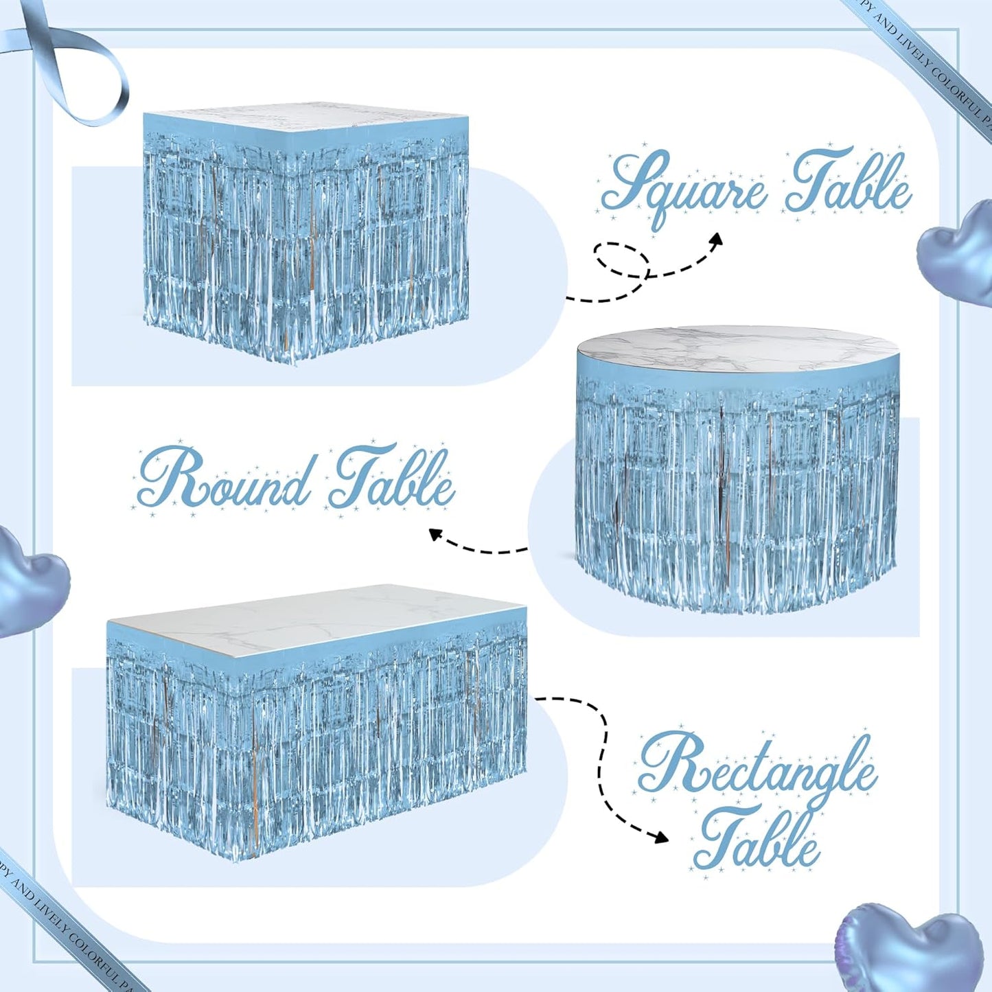 8 Pack Light Blue Table Skirts, 29x108" Metallic Foil Tinsel Fringe Table Skirts for Rectangle Tables Streamer Curtains Backdrop, Party Decorations for Birthdays Weddings Holidays