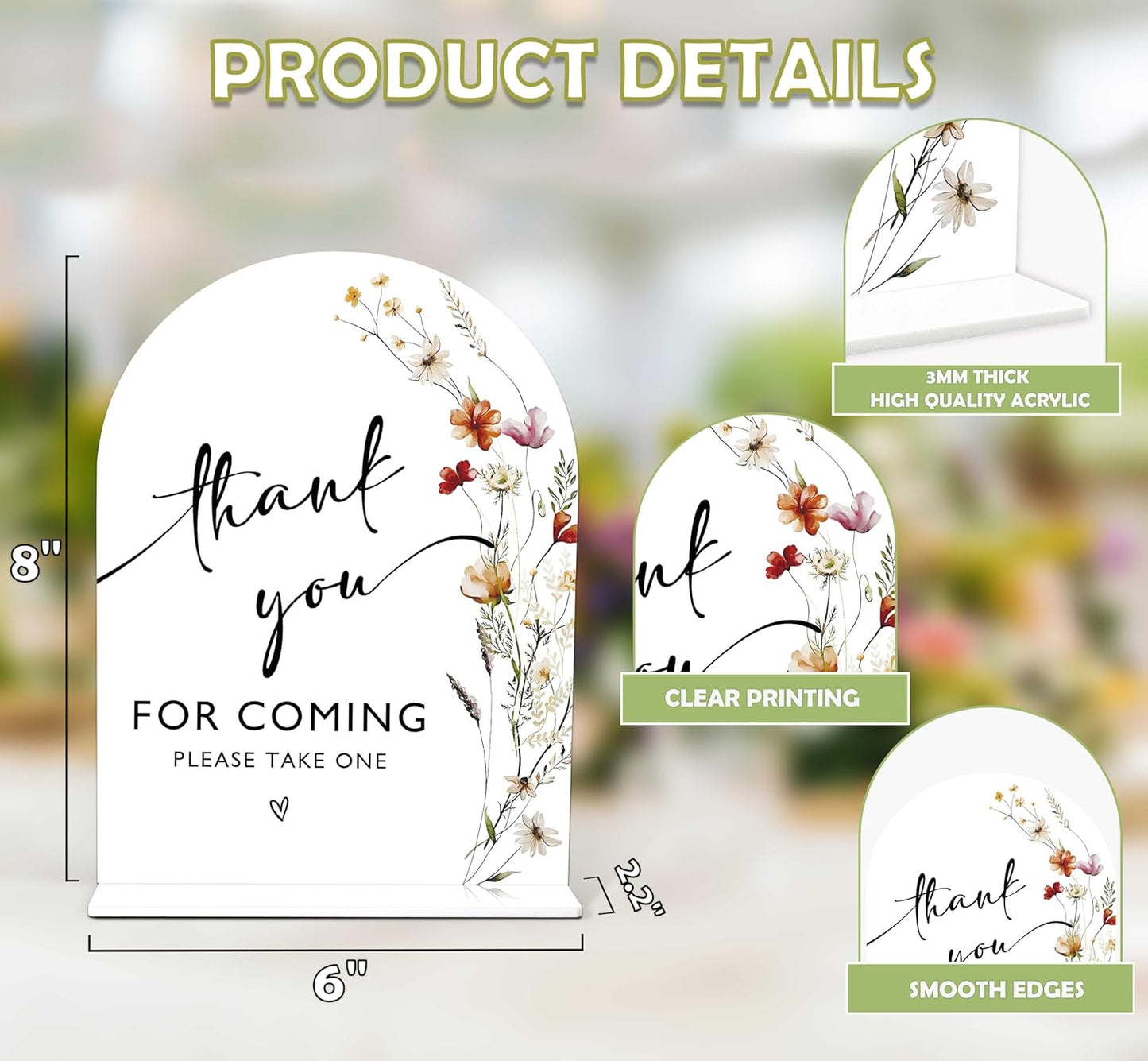 Boho Floral Thank You For Coming Sign, 6 x 8 Inch White Arch Acrylic Wedding Sign with Holder, Wedding Sign for Ceremony and Reception, Wedding Decoration, Wedding Supplies - BX03