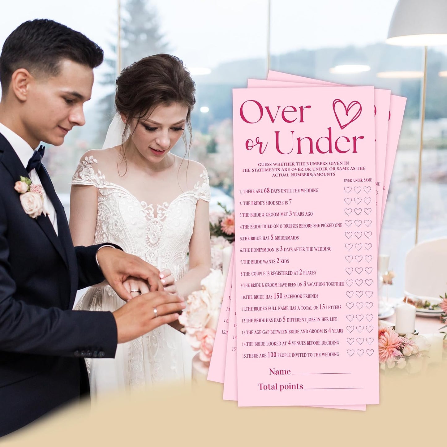 4x9 Inch Wedding Shower Games Cards, Over or Under, Pink Bridal Shower Games for 25 Guests, Engagement Party Supplies, Wedding Party Supplies Decoration-A01