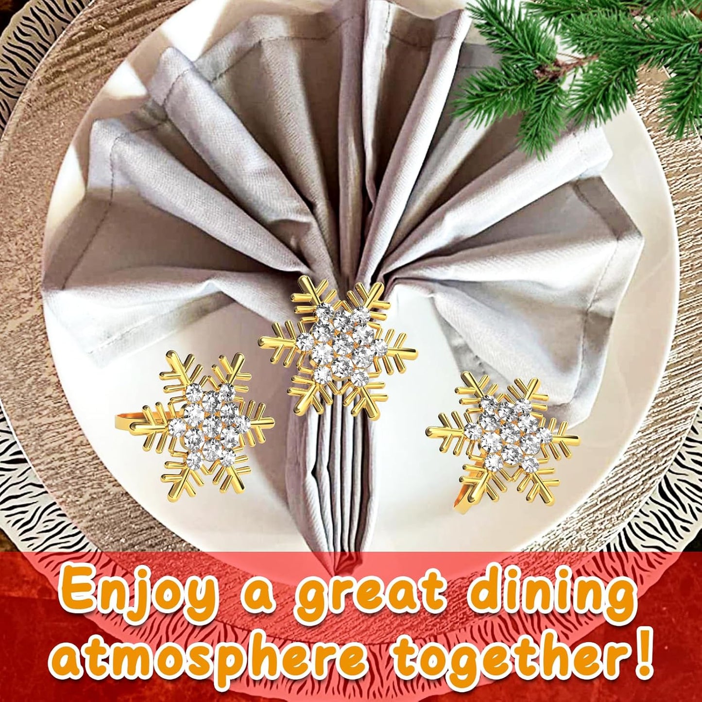 Halatool Christmas Napkin Rings Set of 6, Gold Snowflake with White Rhinestone Napkin Holder for Christmas Thanksgiving Winter Holiday Place Setting, Weddings, Party Table Decoration