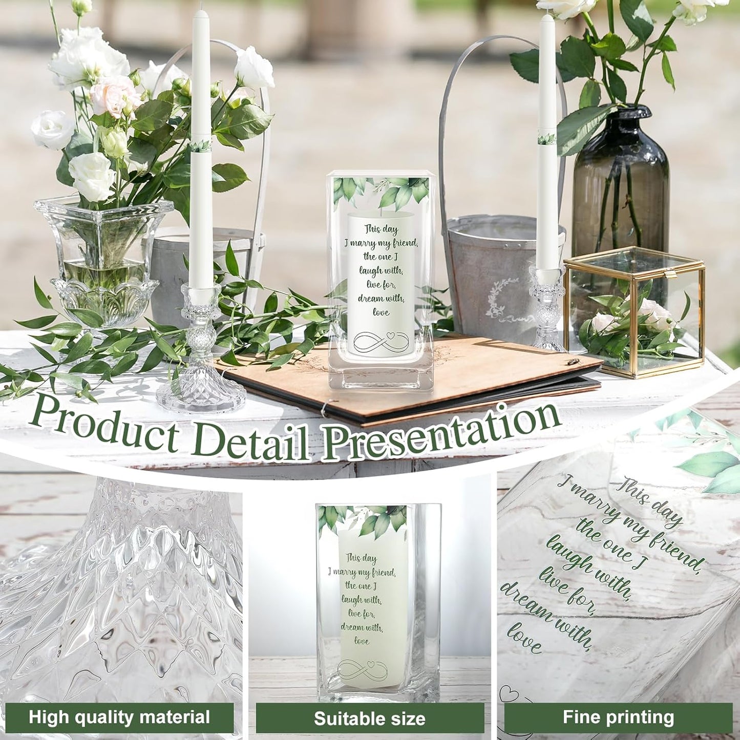 Unity Wedding Candles with Holder Wedding Ceremony Unity Candles Set Catholic Religious Accessories Large Decorative Glass Holder Taper for Church(Green Leaf)
