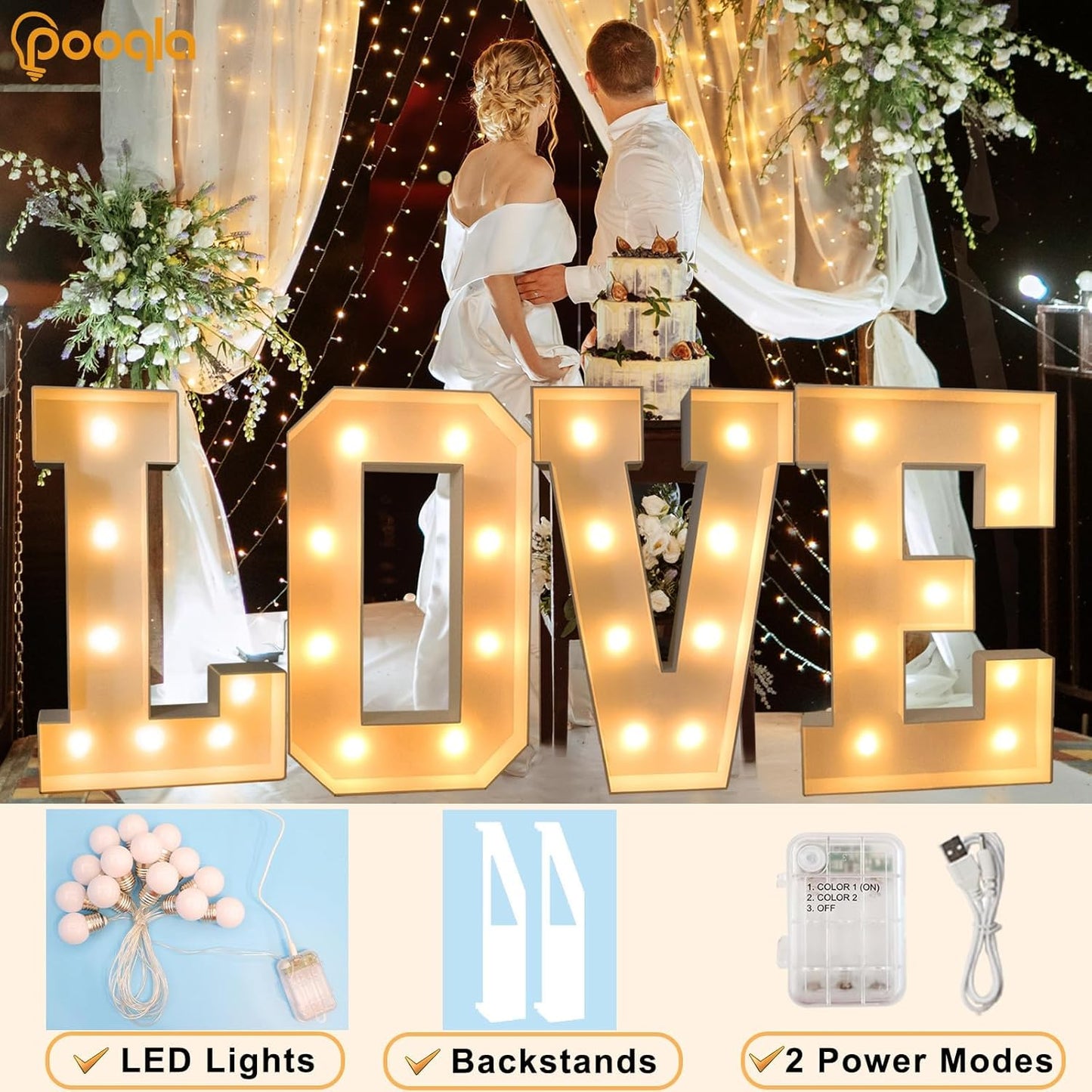 Pooqla 3FT Light Up Marquee Letters, Cool White and Warm White LED Large Lighted Marquee Letters, Giant Mosaic Letter Sign for Balloons Birthday Anniversary Wedding Party Decoration, LED P