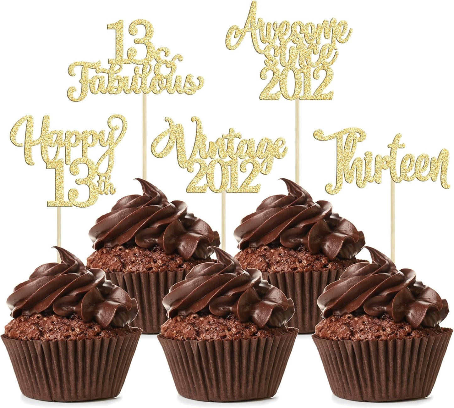 30Pcs Vintage 2012 Cupcake Toppers Glitter Thirteen Happy 13th Birthday 13 Fabulous Cupcake Picks Cheers to 13 Years for 13th Birthday Wedding Anniversary Party Cake Decorations Supplies Gold