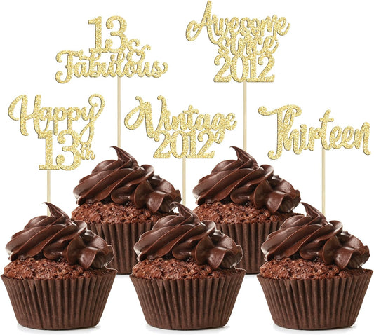 30Pcs Vintage 2012 Cupcake Toppers Glitter Thirteen Happy 13th Birthday 13 Fabulous Cupcake Picks Cheers to 13 Years for 13th Birthday Wedding Anniversary Party Cake Decorations Supplies Gold