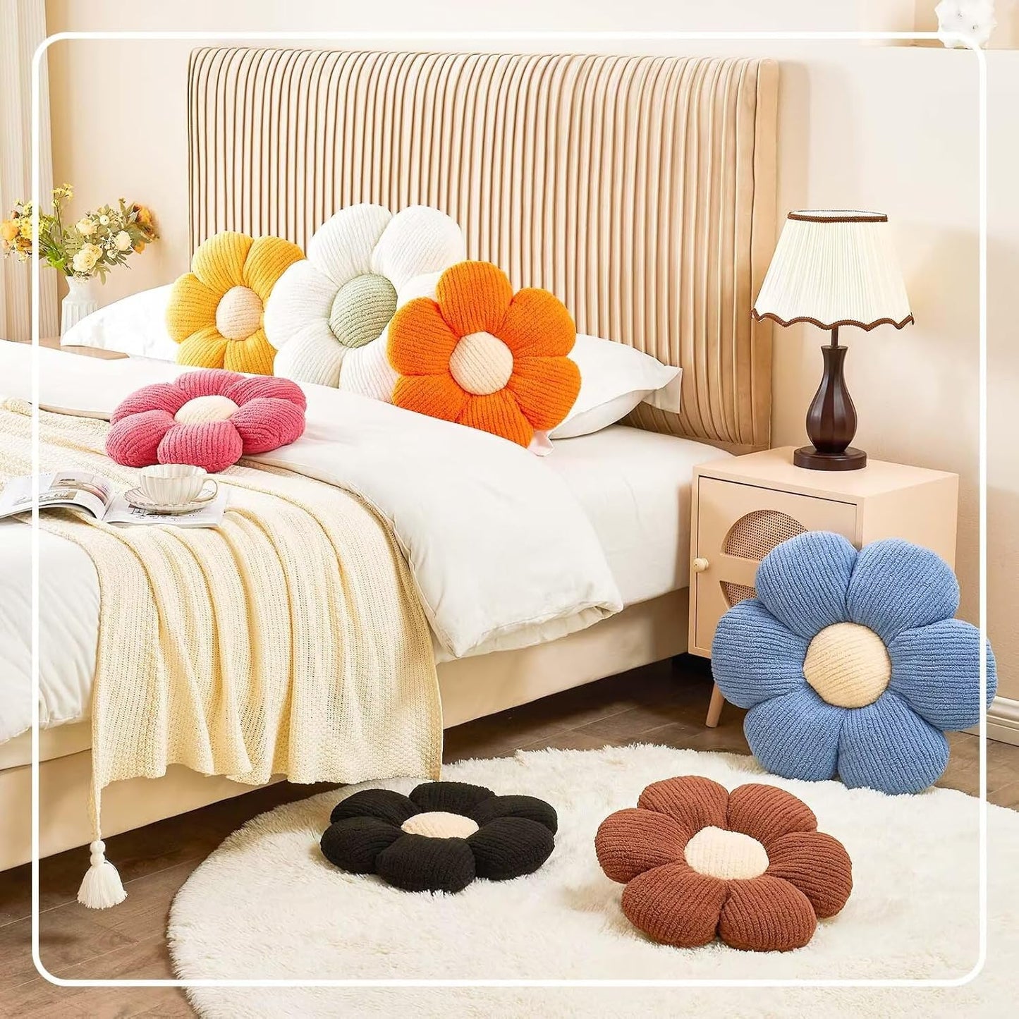 Flower Throw Pillow, Soft Black 14.9" Shaped Floor Pillow for Home Decor, Cute Aesthetic Plush Decorative Pillows for Bed, Sofa, Couch