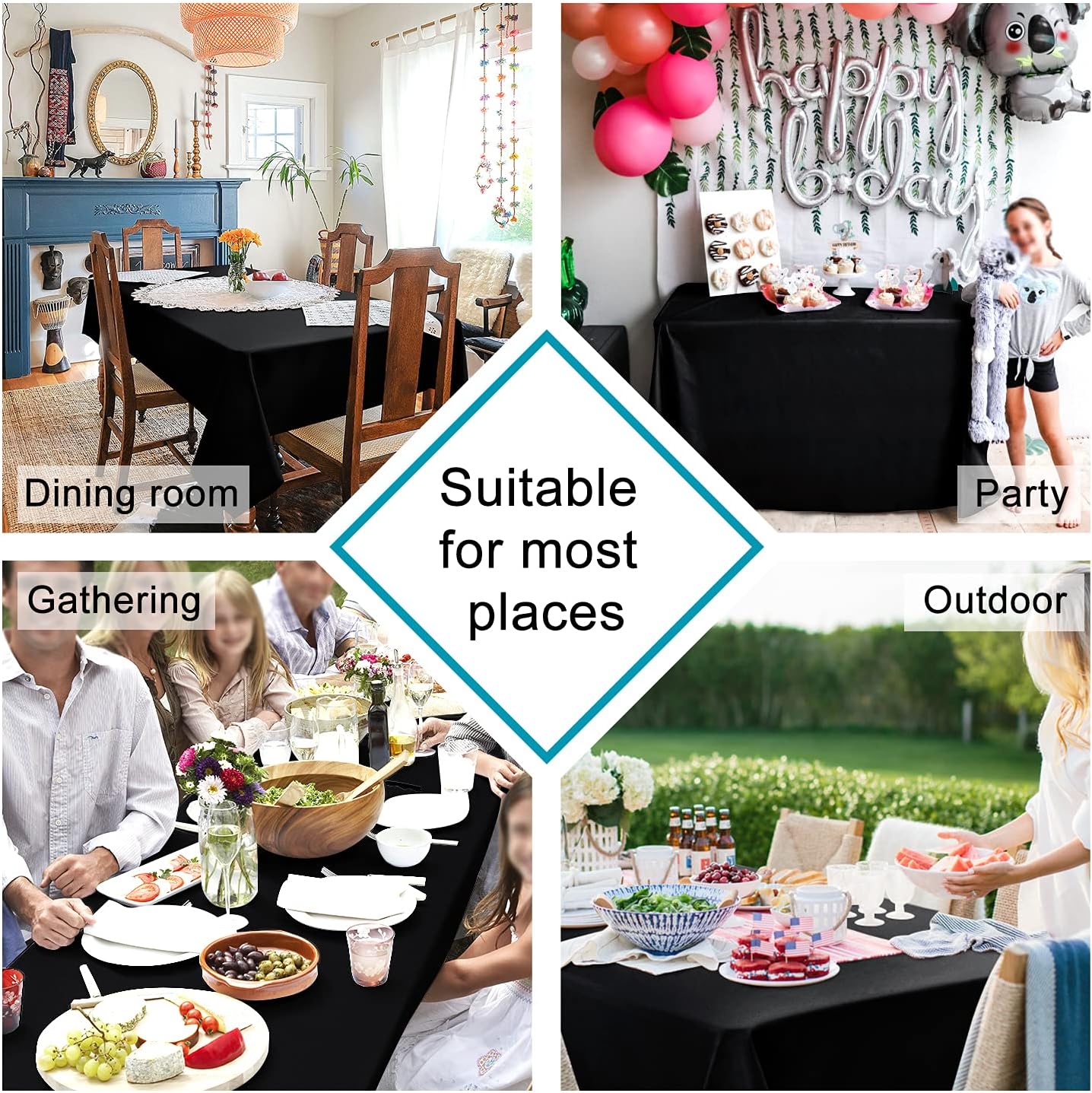 Hiasan 2 Pieces Black Tablecloth Rectangle - Waterproof and Wrinklr Resistant Washable Polyester Fabric Table Cloth for Dining Room and Outdoor Use, 90 x 132 Inch