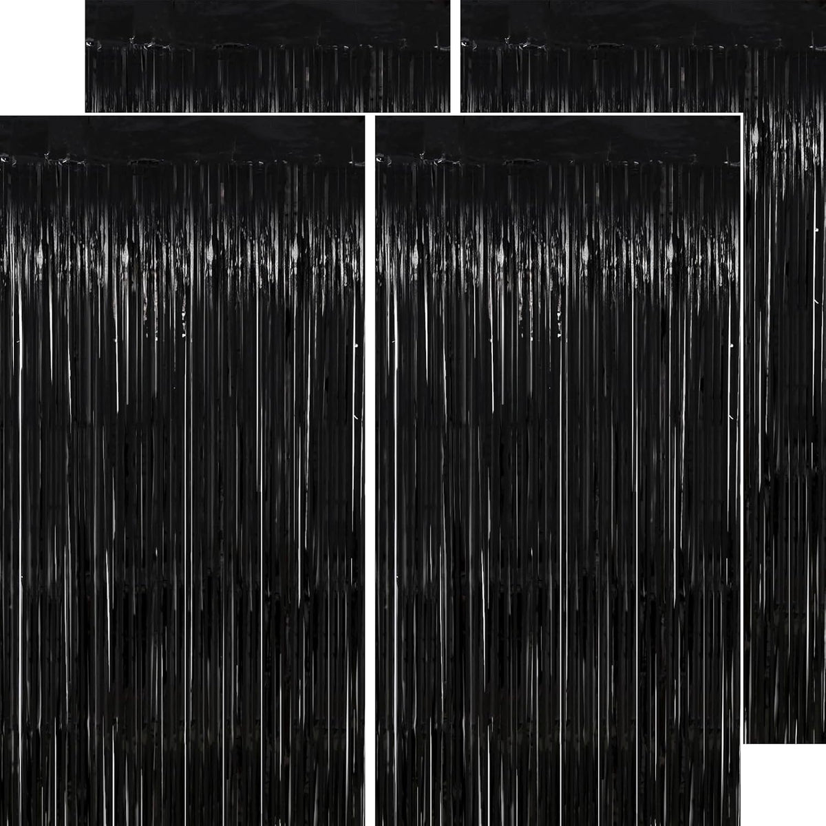 Black Streamers Party Decorations - Thicken 4 Pack 3.2 x 8.2 FT - Black Tinsel Foil Fringe Backdrop Curtains, Photo Booth Props for Birthday, Halloween, Retirement, Bachelor Party Decorations
