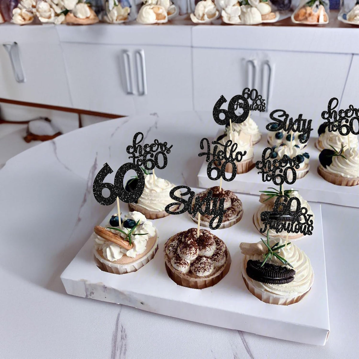 30Pcs Happy 60th Birthday Cupcake Toppers Black Glitter Sixty Cake Toppers Cheers to 60 Years Old Birthday Cupcake Picks for 60th Birthday Anniversary Party Cake Decorations Supplies