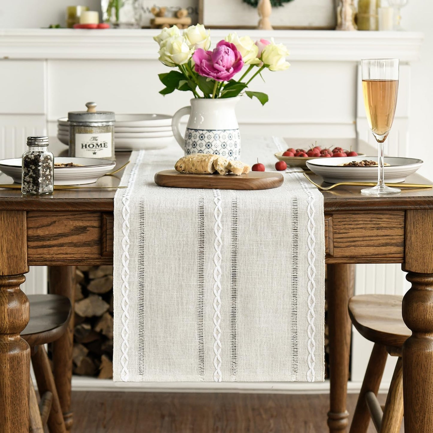 Artoid Mode Beige Rustic Cotton Linen Table Runner, Seasonal Embroidered Hollow Kitchen Dining Table Decoration for Home Party Decor 13x60 Inch