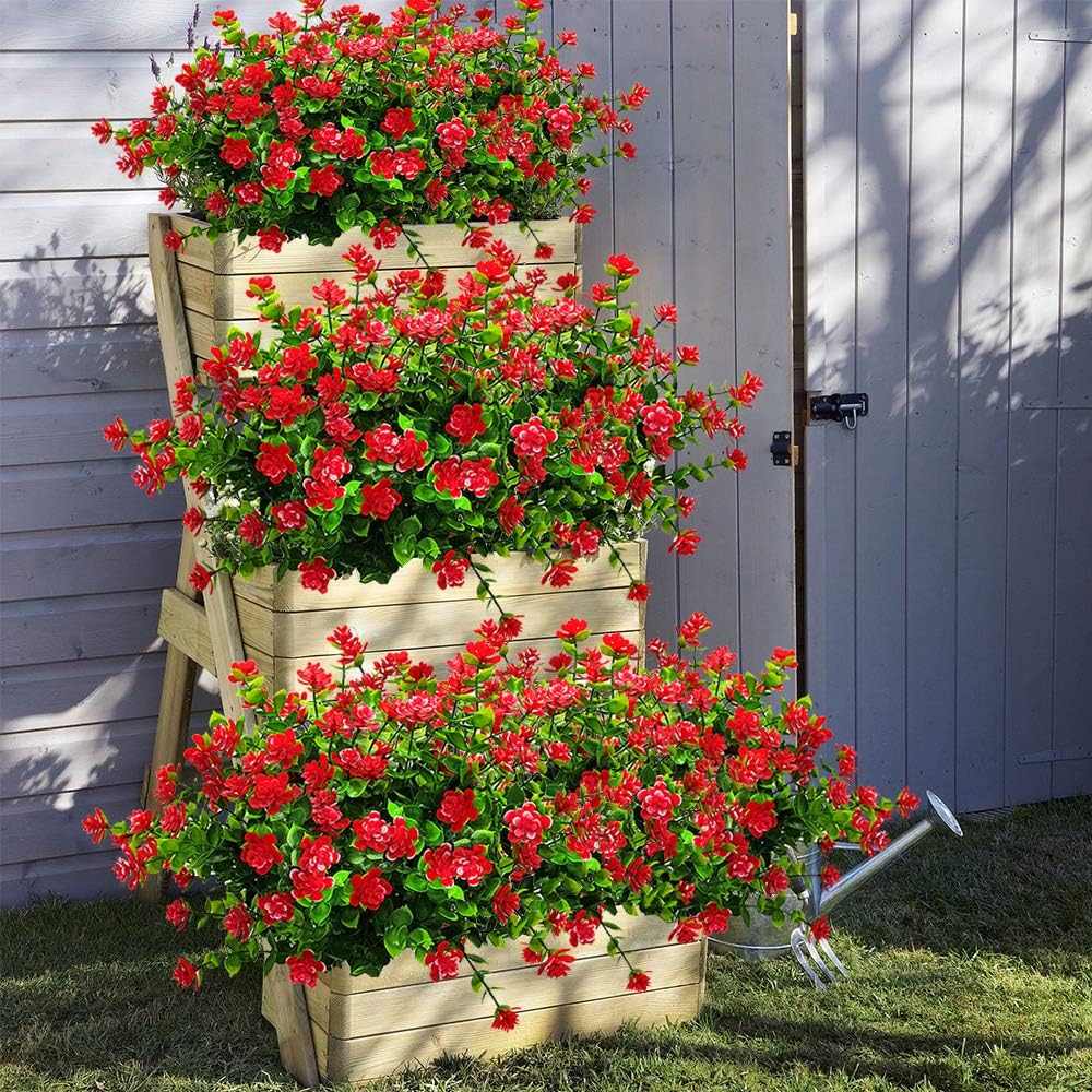 10 Bundles Artificial Fake Flowers, Faux Outdoor Plastic Plants UV Resistant Shrubs Outside Indoor Decorations (Red-Eucalyptus)