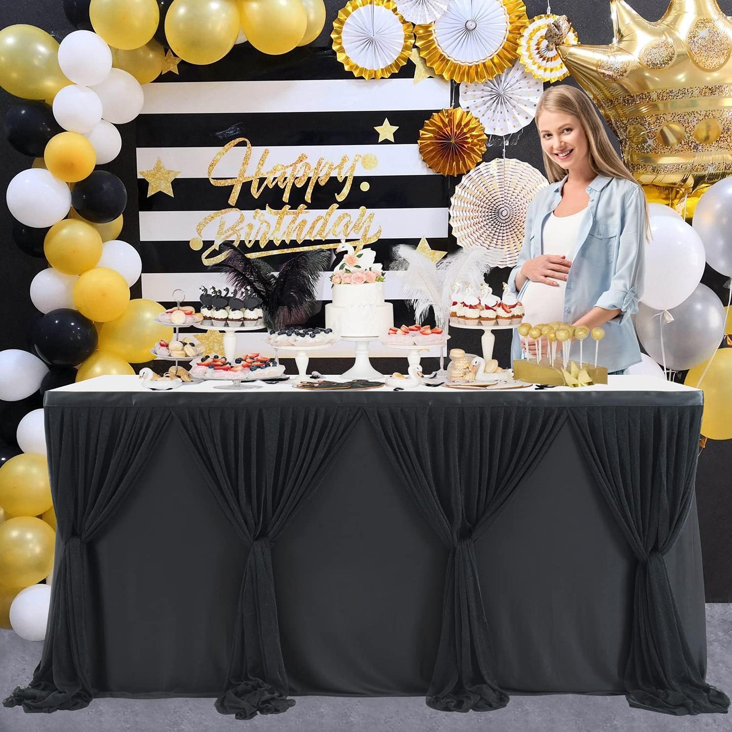 14ft Black Tulle Table Skirt for Rectangle Table or Round Tables Tutu Table Cloth for Birthday Party Baby Shower Wedding Parties Dessert Buffet Banquet Decorations