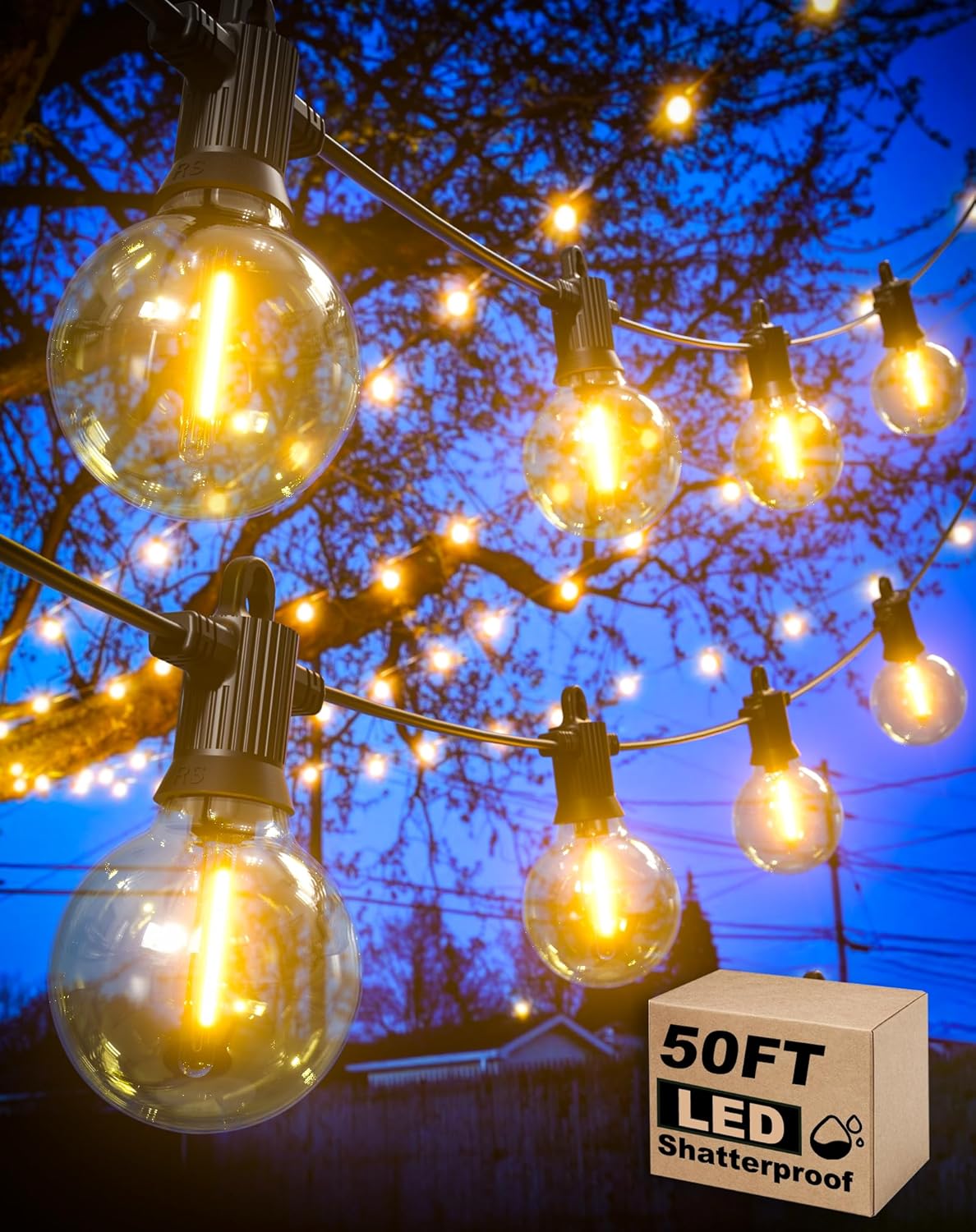 Outdoor String Lights, 50FT Patio Lights Outdoor Waterproof with 27 Shatterproof G40 Globe Bulb(2 Spare), Connectable Dimmable LED String Lights for Outside Backyard Porch Balcony Party, 2700K