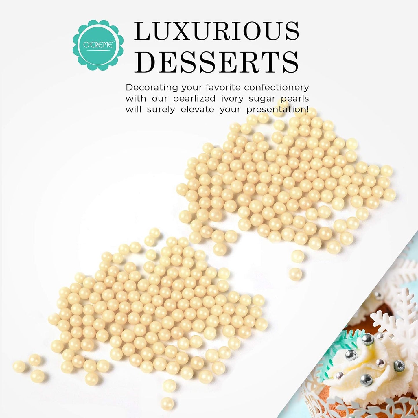 O'Creme Ivory Edible Sugar Pearls Cake Decorating Supplies for Bakers: Cookie, Cupcake & Icing Toppings, Beads Sprinkles For Baking, Certified, Candy Sugar Ball Accents (8mm, 16 Oz)