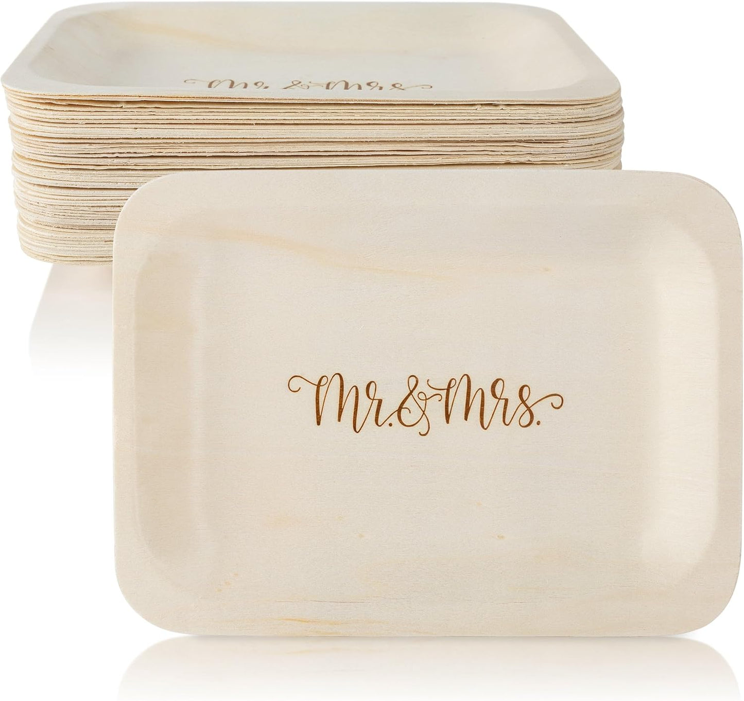 Mr. and Mrs. Disposable Wedding Plates – Rustic, Compostable Alternative to Plastic Plates for Wedding Receptions, Engagement Parties, and Rehearsal Dinners (Salad/Dessert, 50-Pack)