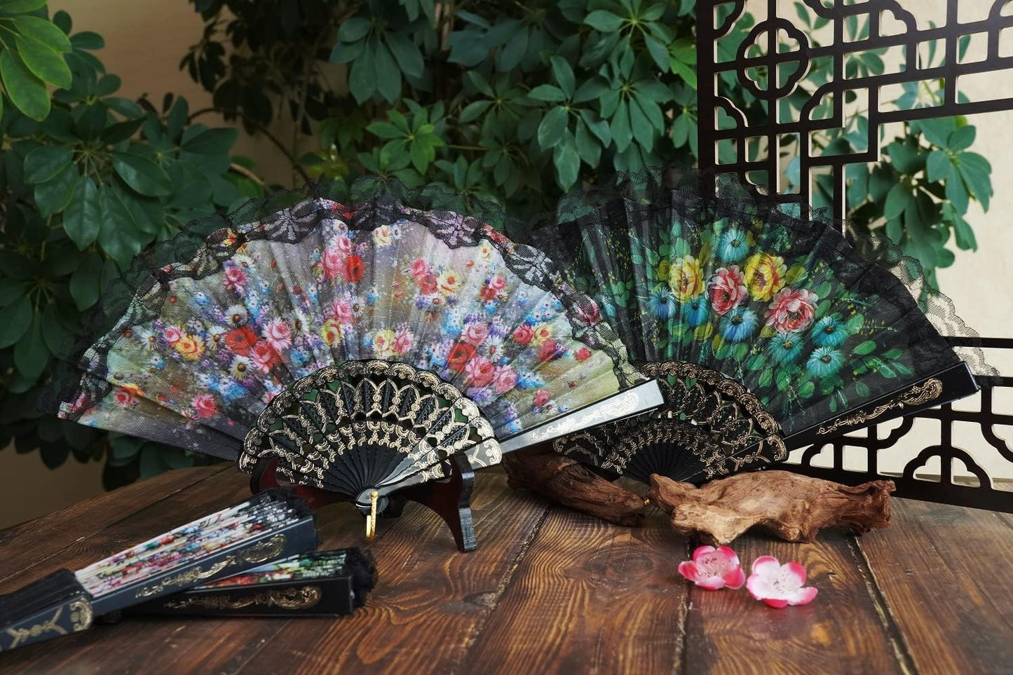 HUNANBANG 4 Pieces Folding Hand Fans Church Wedding Gift, Party Favors, DIY Decoration Gift Size9 Wholesale 4pack (Spanish 4pack)