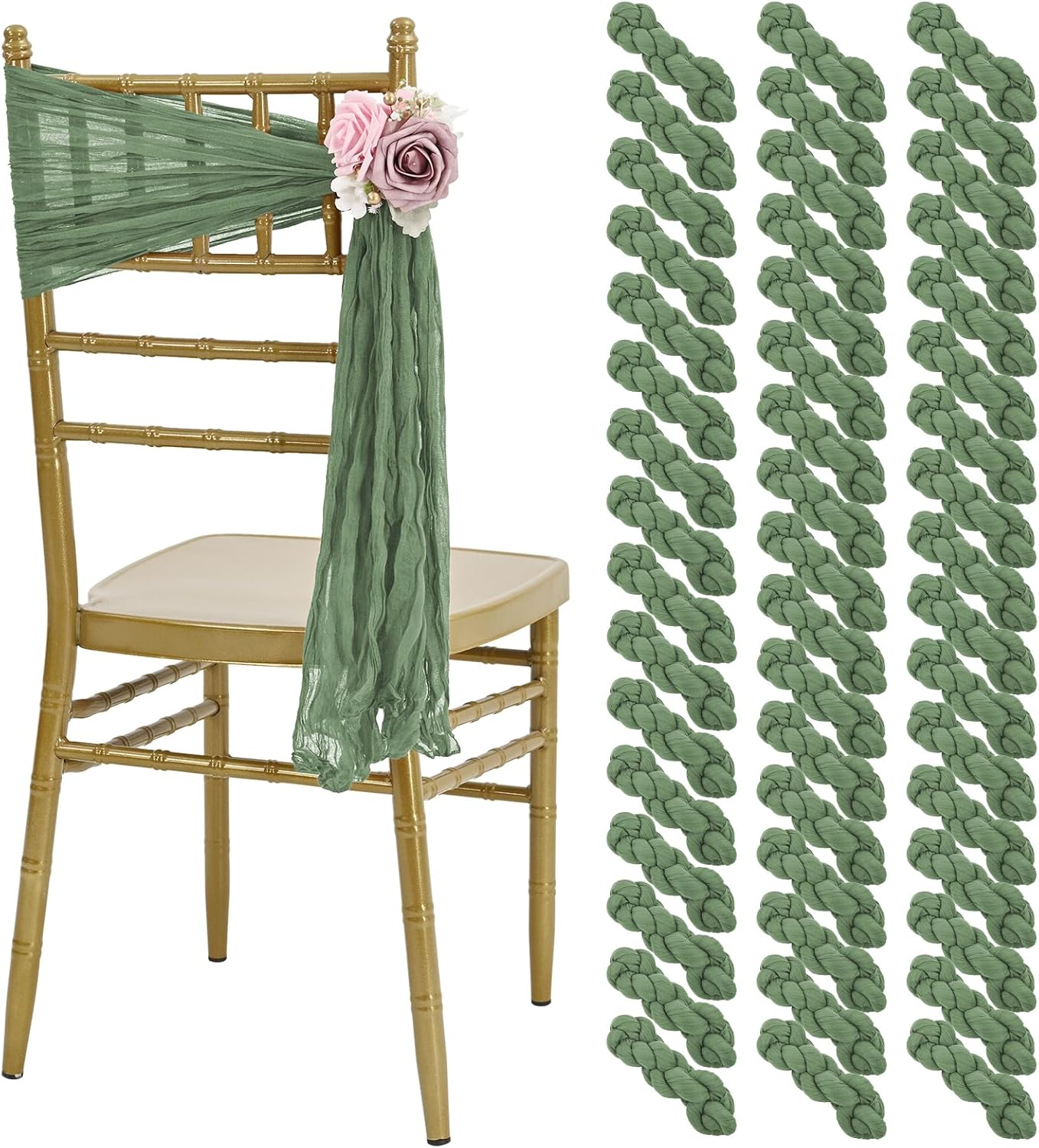 50 PCS Cheesecloth Chair Sashes, Bows Designed ChairSashes, 15.7x70 inch Chair Sashes for Aisle Decorations Universal Chairs Cover Decoration for Wedding Reception Party Banquet (Sage Green)