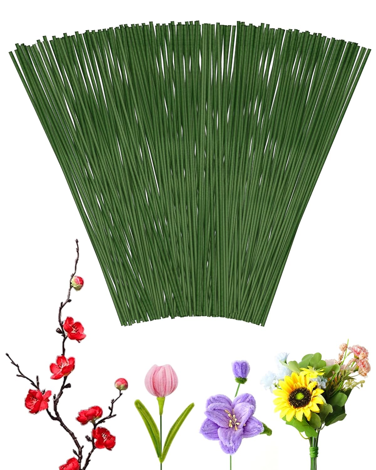 50 PCS FIVEIZERO 16 Gauge Green Floral Wire Stems for Artificial Flower Making,Florist Wire,Flower Wires for Crafts,Alambre para Flores for Wreaths, Flower Arrangements and DIY Projects