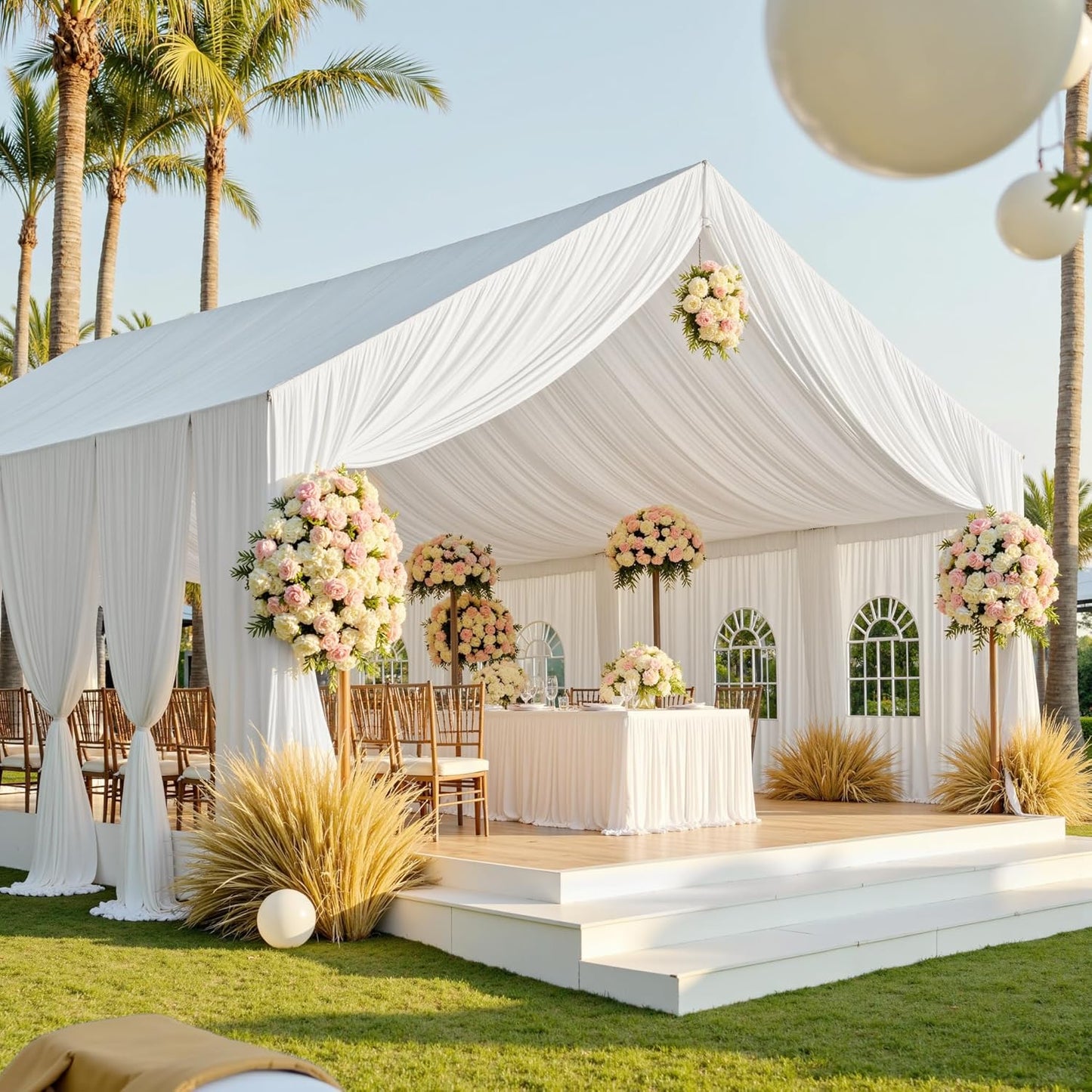 PartyVillage 20ftx40ft White Ceiling Curtain for Wedding Parties – 4 Panels Wrinkle-Free 40 FT Long Tent Draping Curtains for Wedding, Birthday & Theme Parties, 40ft Height with Rod Pocket