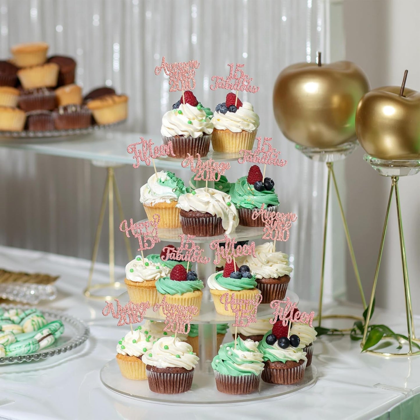 30Pcs Vintage 2010 Cupcake Toppers Glitter Fifteen 15 Fabulous Happy 15th Birthday Cupcake Picks Cheers to 15 Years for 15th Birthday Anniversary Party Cake Decorations Supplies Rose Gold