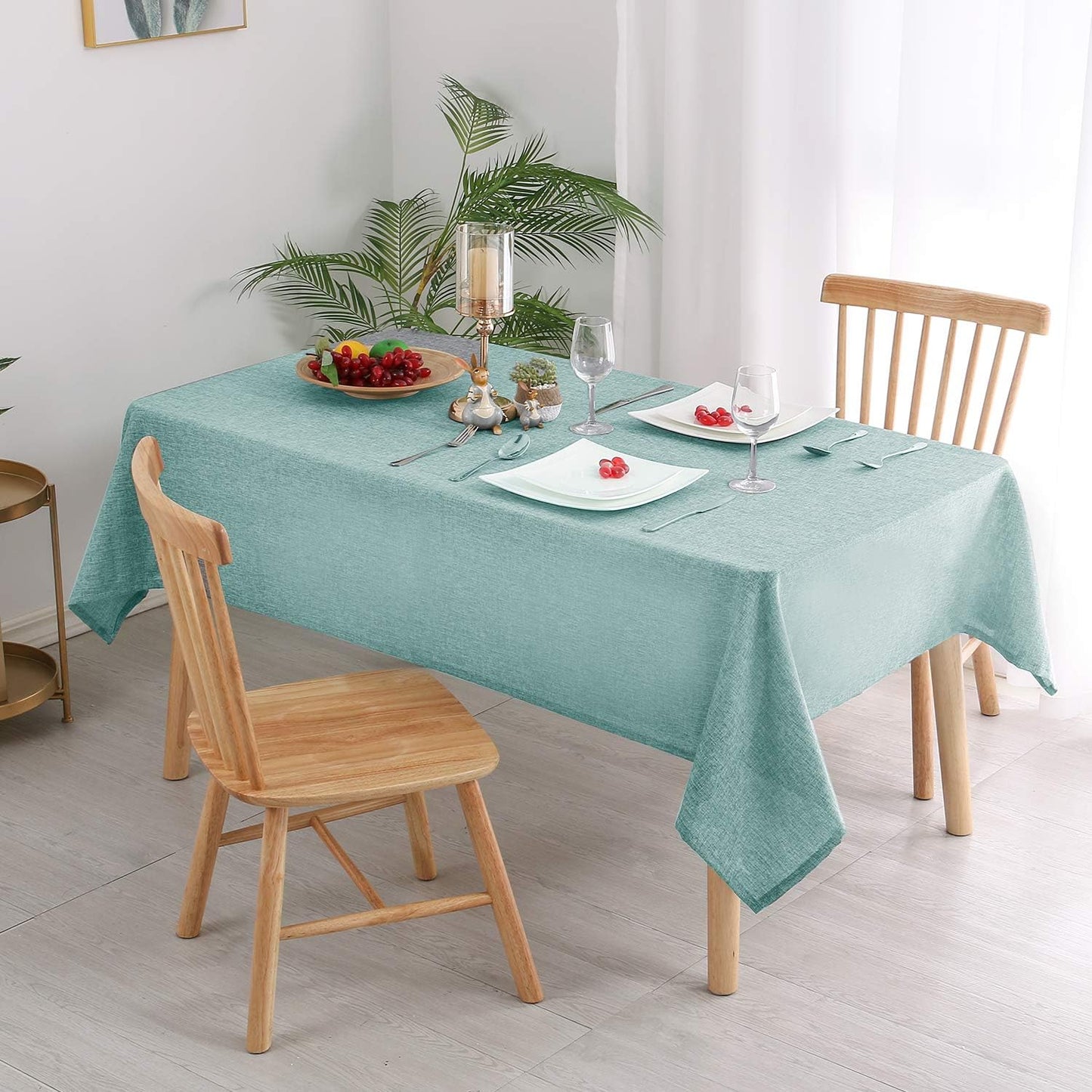 Hiasan Faux Linen Rectangle Tablecloth - Wrinkle and Stain Resistant Washable Table Cloth for Kitchen Dining Room Holiday Table Cover for Party Dinner, Aqua, 90 x 132 Inch