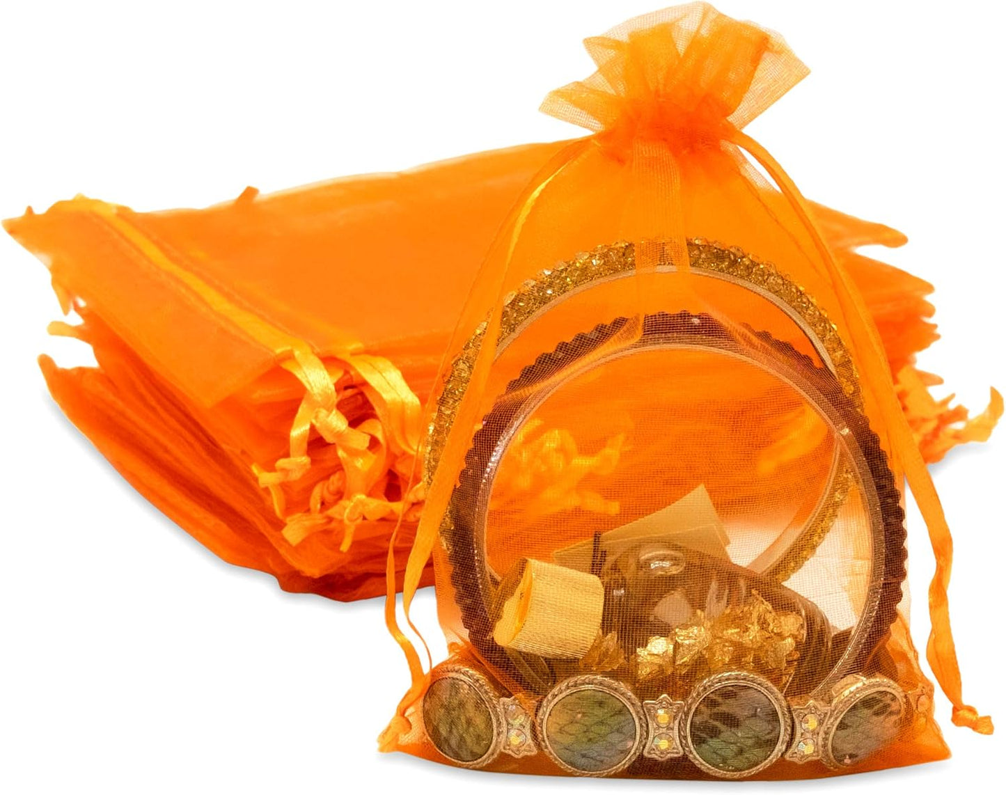 TheDisplayGuys 100-Pack 3x4 Orange Sheer Organza Gift Bags with Drawstring, Goodie Bags for Jewelry, Candy Bags, Treat Bags, Wedding Favors Small Mesh Bags