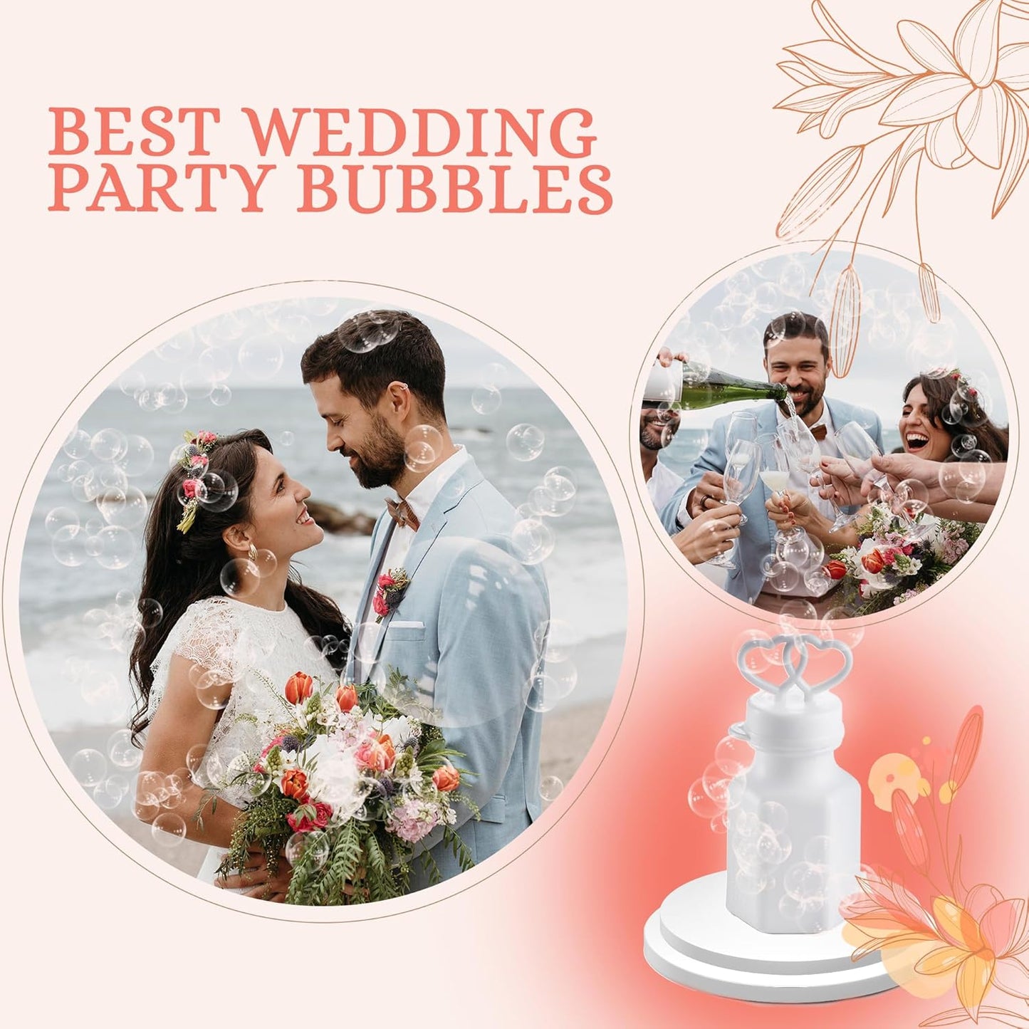 Wedding Bubbles Bulk - (48 Count) Mini White Double Heart Top Wands, Great for Bridal Party Favors, Engagement, Anniversary Celebrations, Valentine Bubbles and Wedding Favors