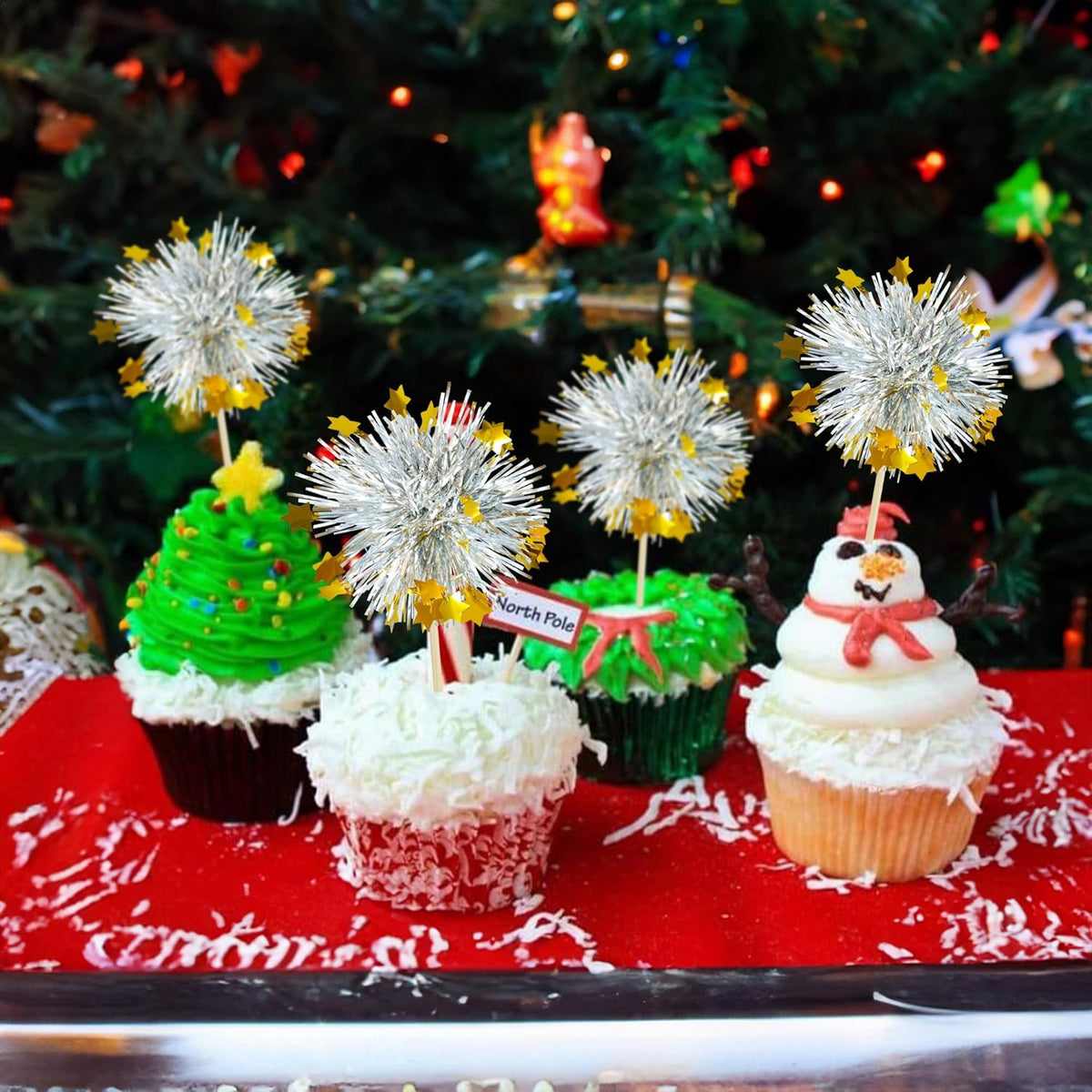 Ephlyn 30Pcs Foil Firework Cupcake Toppers Sparkle Tinsel Cupcake Picks Happy Birthday Cake Decorations Drink Stirrers Cocktail Food Fruit Toothpicks for Baby Shower Graduation Party Supplies Silver