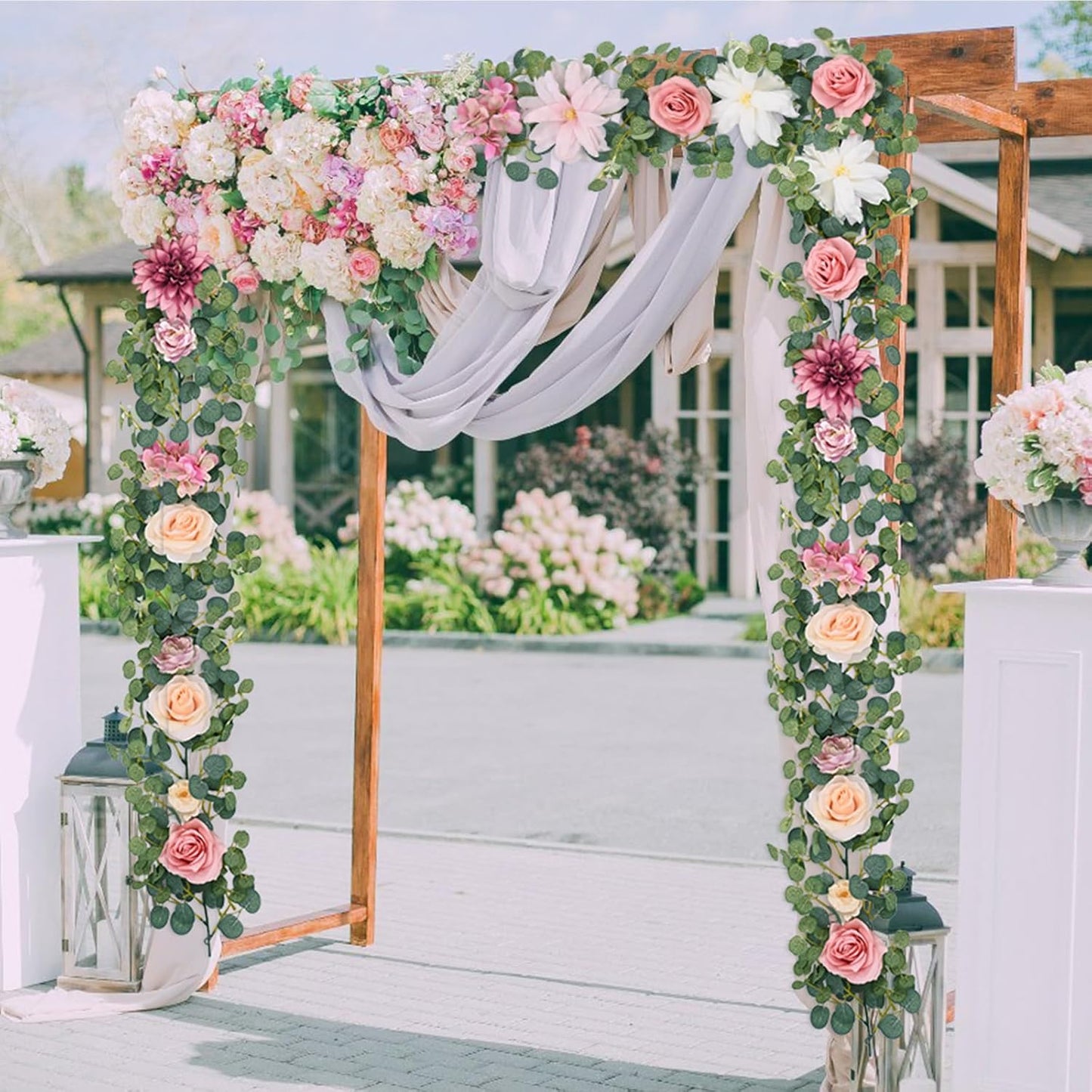 Waipfaru Flower Garland Decorations, 6.07Ft Pink Floral Rose Garland, Artificial Eucalyptus Greenery Vines with Flowers for Wedding Table Runner Centerpieces Backdrop Room Decor (Pink)