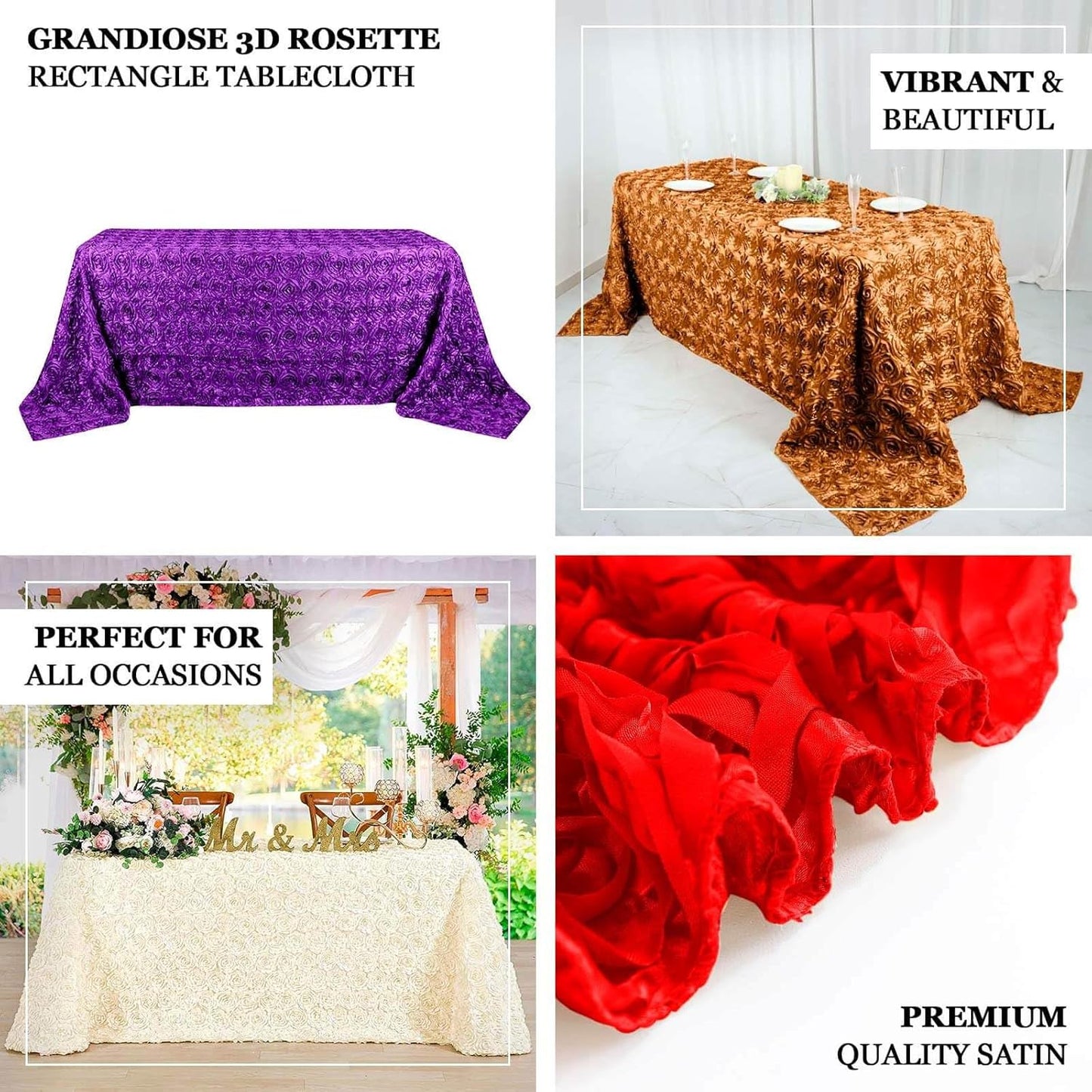 Efavormart 90"x132" Wholesale Rectangle Table Cover White Grandiose Rosette 3D Satin Tablecloth for Wedding Party Event Decoration