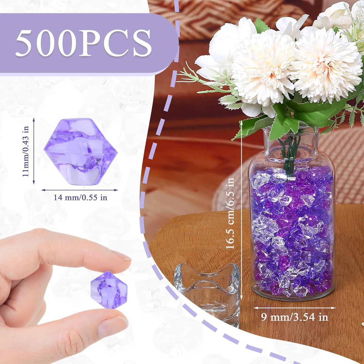 LAIDANLA 500PCS Mixed Purple Acrylic Gems Vase Fillers Fake Ice Cubes Plastic Diamonds Fake Crushed Rocks for Centerpiece DIY Party Table Scatter Prop Wedding Decoration Accessories