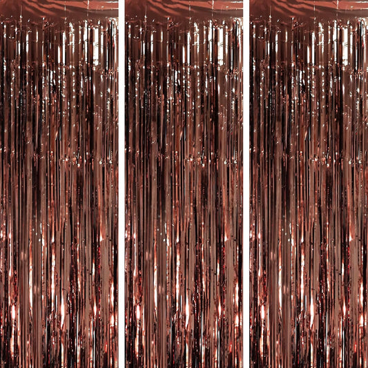 3 Pack 3.3 x 8.2 ft Brown Foil Fringe Backdrop Curtains, Tinsel Streamers Party Decorations, Fringe Backdrop, Door Shimmer for Thanksgiving Day or Birthday Party