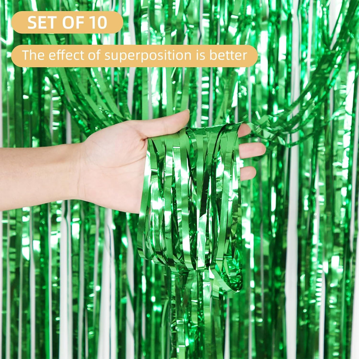 10 Pack Green Backdrop Curtain 3.2ft x 8.2ft Metallic Tinsel Foil Fringe Curtains Photo Booth Background for Birthday Party Decoration Baby Shower Engagement Wedding Christmas Decoration (Green)