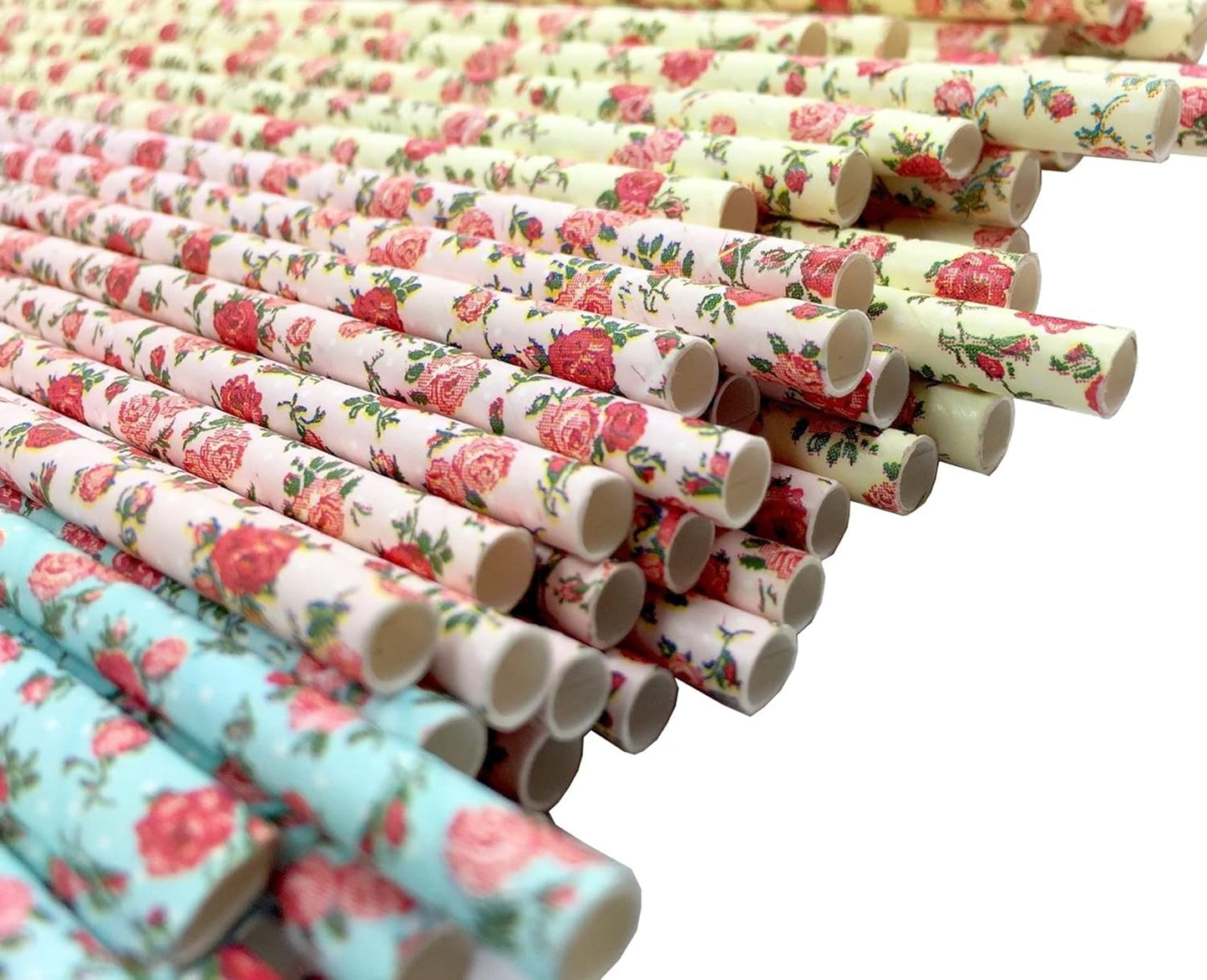 75-Pack Eco-Friendly Biodegradable Paper Straws - Vintage Rose & Floral Design in Pink, Blue, Yellow - Disposable Straws for Parties By JPACO