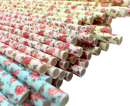 75-Pack Eco-Friendly Biodegradable Paper Straws - Vintage Rose & Floral Design in Pink, Blue, Yellow - Disposable Straws for Parties By JPACO