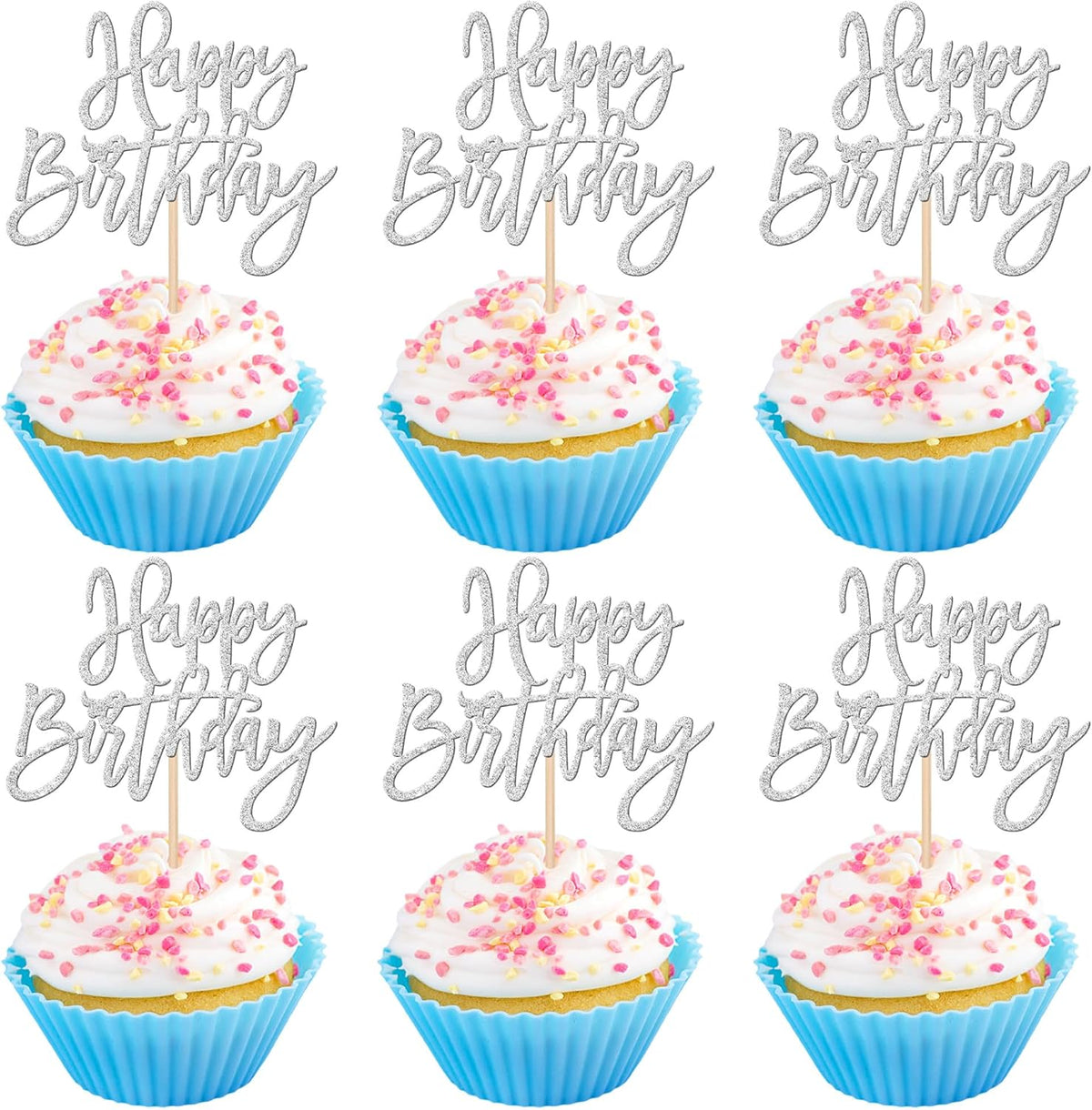 24 PCS Glitter Cupcake Toppers - Silver Happy Birthday & Anniversary Picks