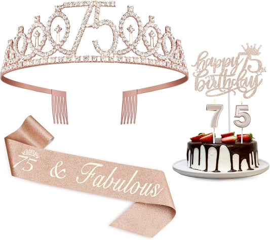 75th Birthday Decorations for Women Including Sash, Crown/Tiara, Candles and Cake Topper, Rose Gold 75 Birthday Gifts Party Favor Supplies
