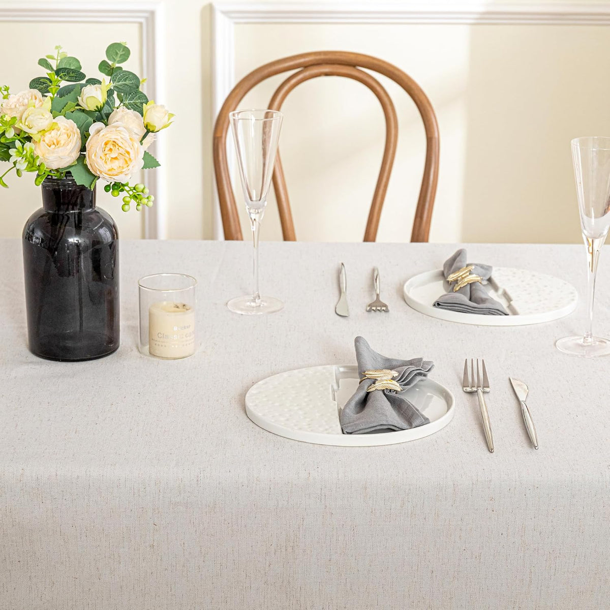 MYSKY HOME Table Cloth 60x102 in Rectangle, Cotton Tassel Linen Look Waterproof, Wrinkle Free Table Cover with Beige Tassels for Kitchen Dining, Party