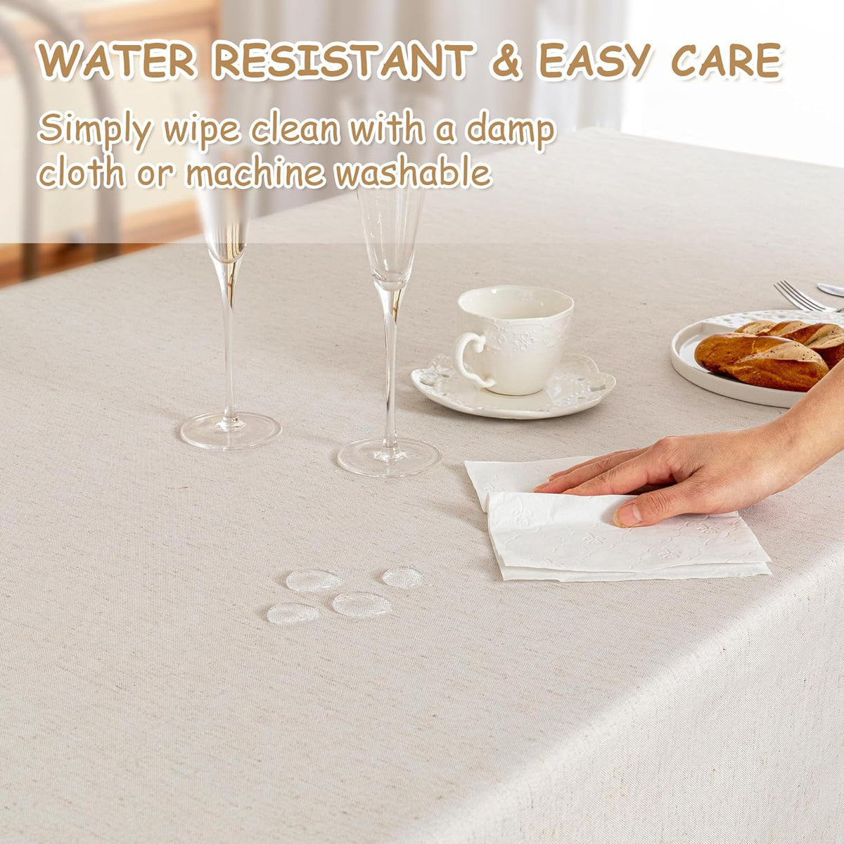 MYSKY HOME Table Cloth 60x102 in Rectangle, Cotton Tassel Linen Look Waterproof, Wrinkle Free Table Cover with Beige Tassels for Kitchen Dining, Party