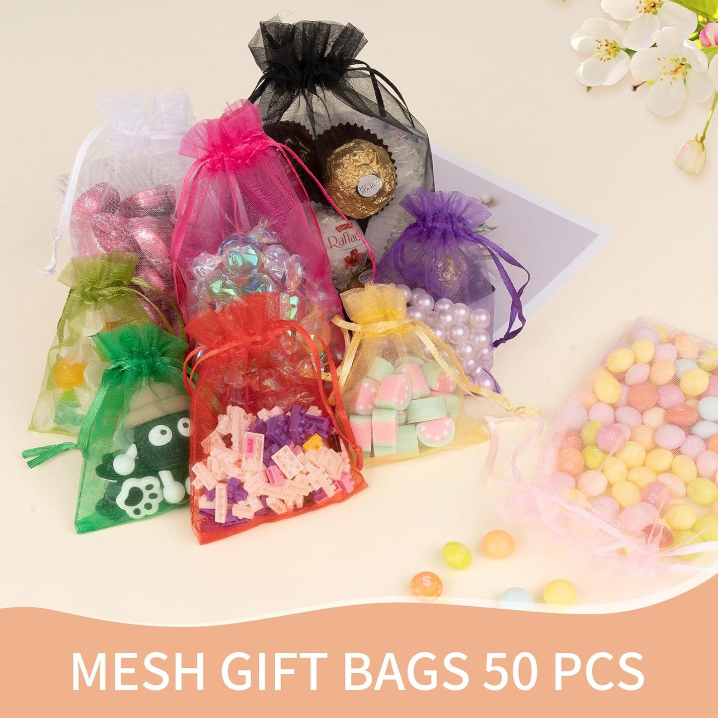 50 Pcs Orange Organza Bags 5x7 Inch, Small Mesh Drawstring Bags Organza Gift Bags Candy Bags Favor Bags for Birthday Party Halloween