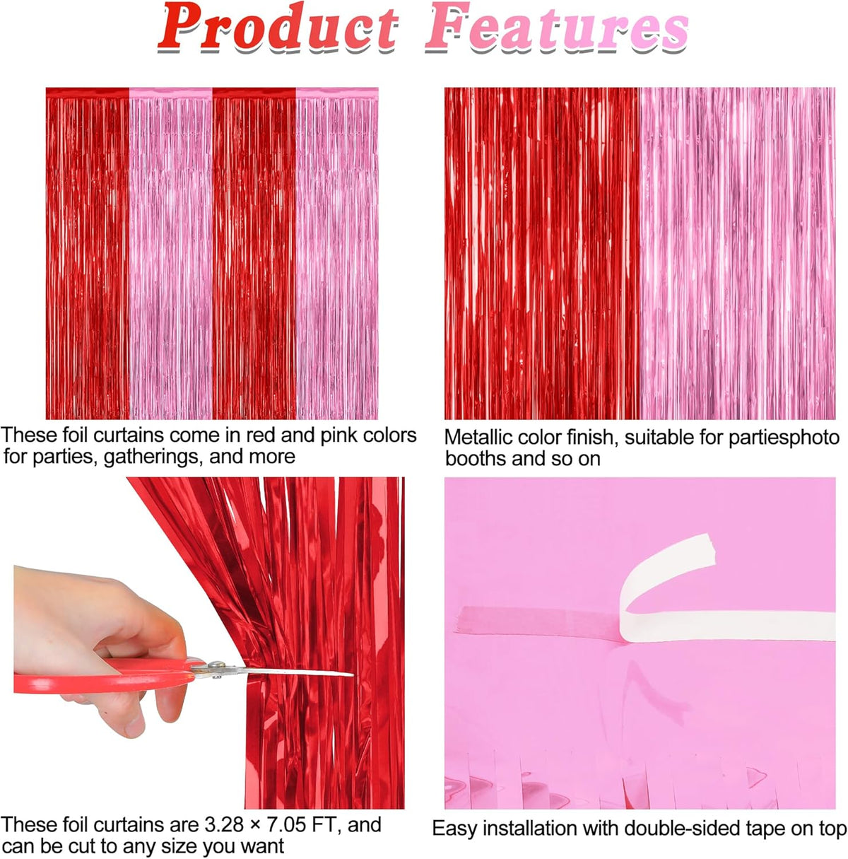 2 Pack Backdrop Curtains, 3.28 Feet x 7.05 Feet Red Pink Backdrop, Metallic Fringe Curtains Tinsel Backdrop Party Streamer, Babie Backdrop Happy Birthday Party Supplies Decorations