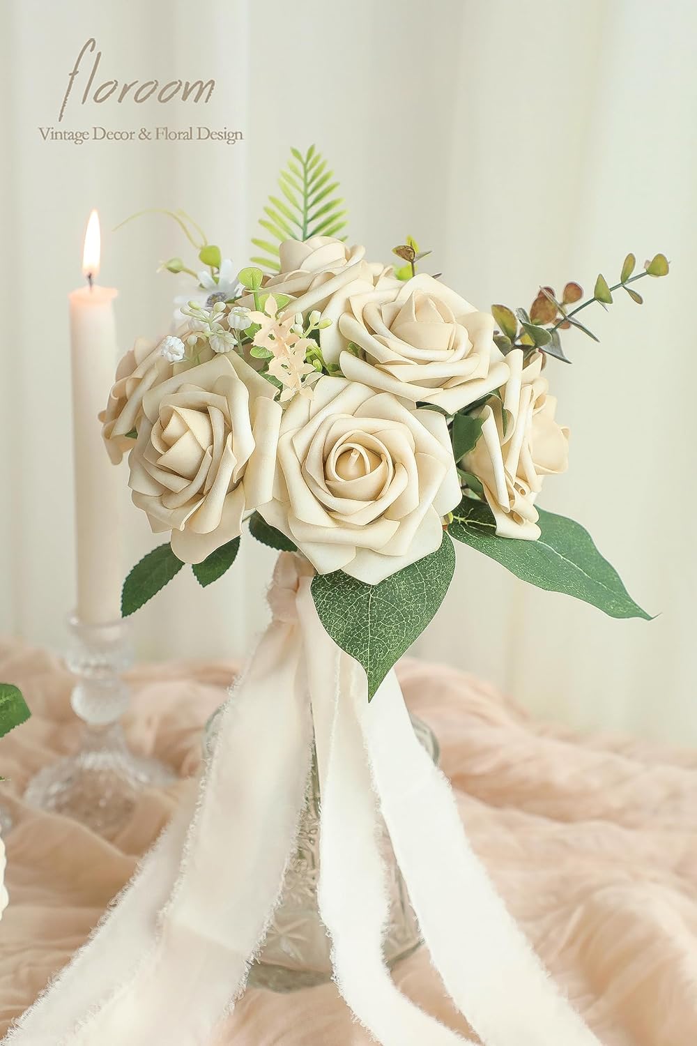 Floroom Artificial Flowers 25pcs Real Looking Beige Foam Fake Roses with Stems for DIY Wedding Bouquets Bridal Shower Centerpieces Floral Arrangements Party Tables Home Decorations