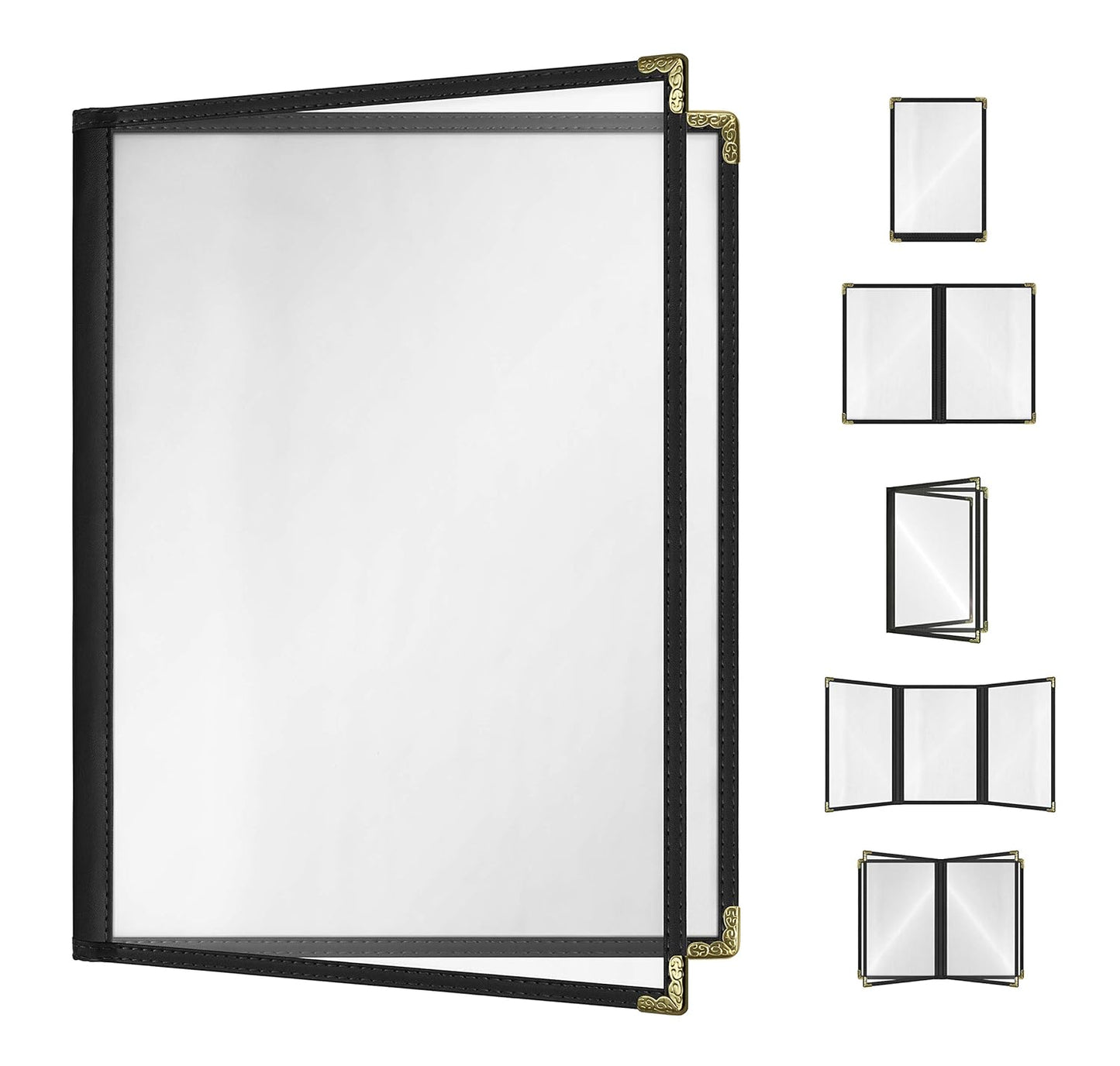 Goodsmart Restaurant Menu Covers - 25 Pack Black 8.5" x 11", 2-Page/4-View, Side-Loading Vinyl Menu Holders, Clear Sleeves, Double-Stitched Edge, Leather-Style Café Covers with Gold Corners