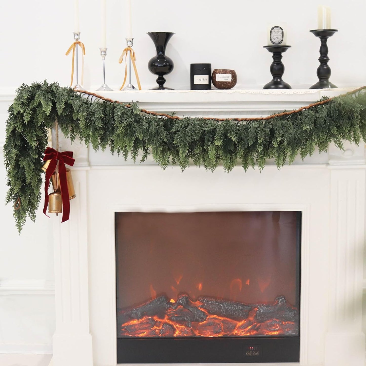9FT 2PCS Artificial Cedar Garland for Christmas Decoration - Realistic Winter Greenery Garland for Mantel, Fireplace, Table, Door, Holiday Indoor Outdoor Decor