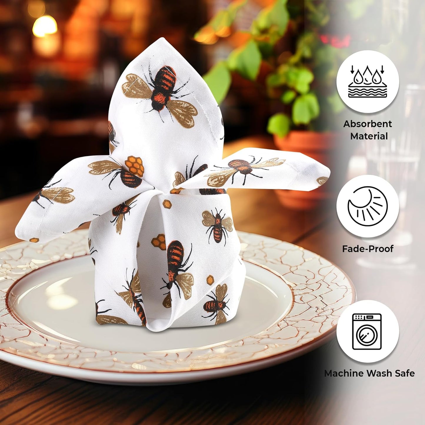 Urban Villa Dinner Napkins Honey Bee Print Cloth Napkins (Set of 12) Oversized 20x20 Inches 100% Cotton Premium Quality Soft Durable with Mitered Corners Reusable Washable Everyday Use Parties Napkins