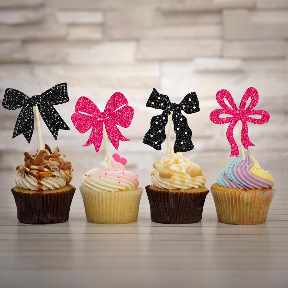 Ephlyn 24Pcs Pink Bow Cupcake Toppers Bow Birthday Cake Topper Girls Birthday Party Decorations Bowknot Cupcake Decorations for Bridal Baby Shower Birthday Wedding Themed Party Black Rose Red