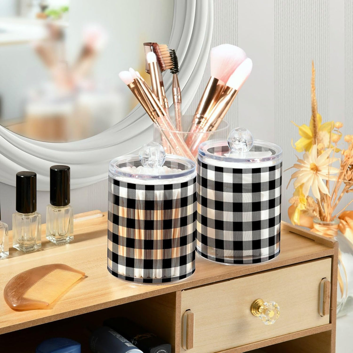 Gredecor Qtip Holder Dispenser 4 Pack Black White Classic Buffalo Plaid Apothecary Jars with Lids Bathroom Vanity Countertop Canister Storage Organizer for Cotton Ball,Swabs,Pads,Floss