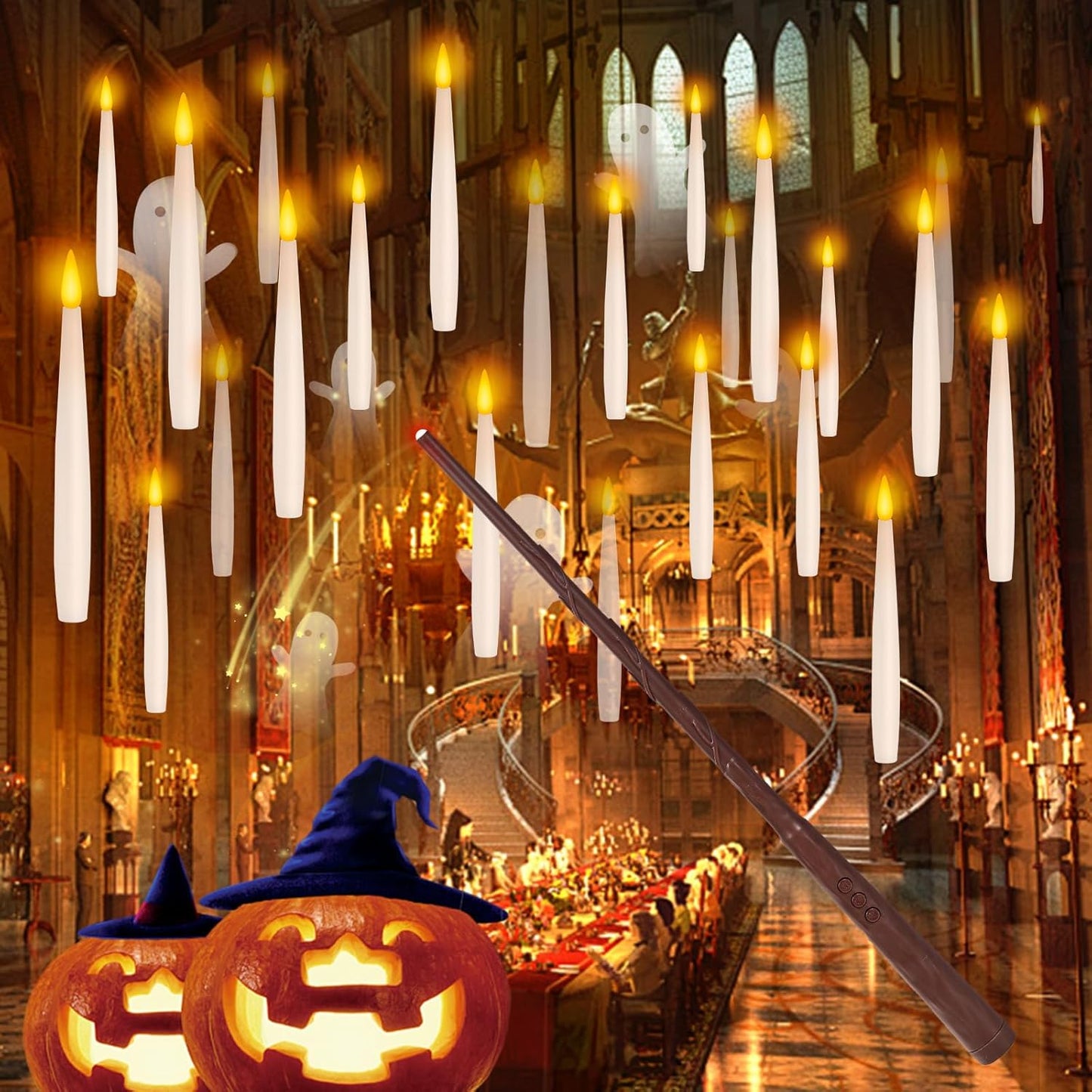 NURADA Floating Candles with Wand Remote Timer - 24 Pcs Magic LED Hanging Flameless Taper Candles Flickering Battery Operated for Halloween Birthday Theme Party Holiday Home Window Decor - White