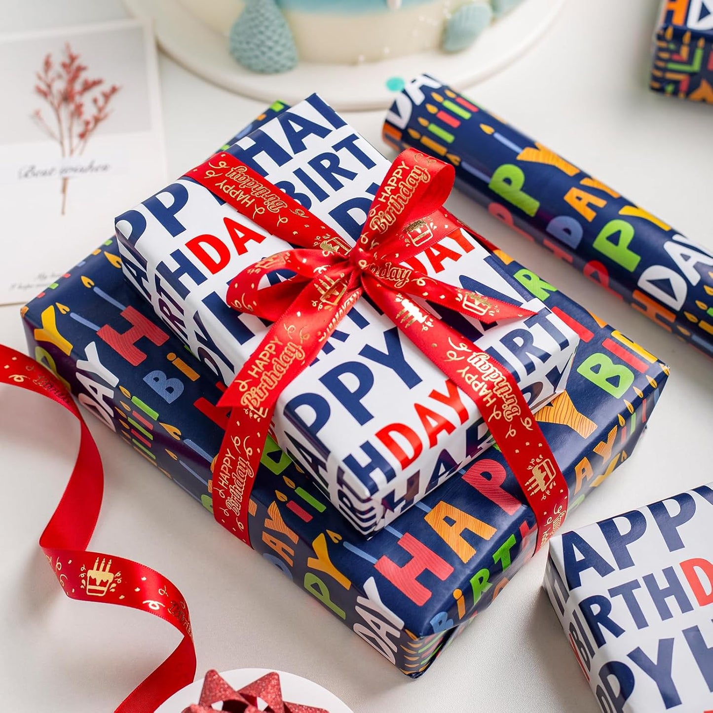 Birthday Wrapping Paper Roll - 30 Inch X 33 Feet - Reversible Metallic Foil Navy Blue Party Hat Theme Boy Gift Wrap Paper Blue Polka Dot Men Present Sheet for Kid Birthday, Party, Holiday, Celebration